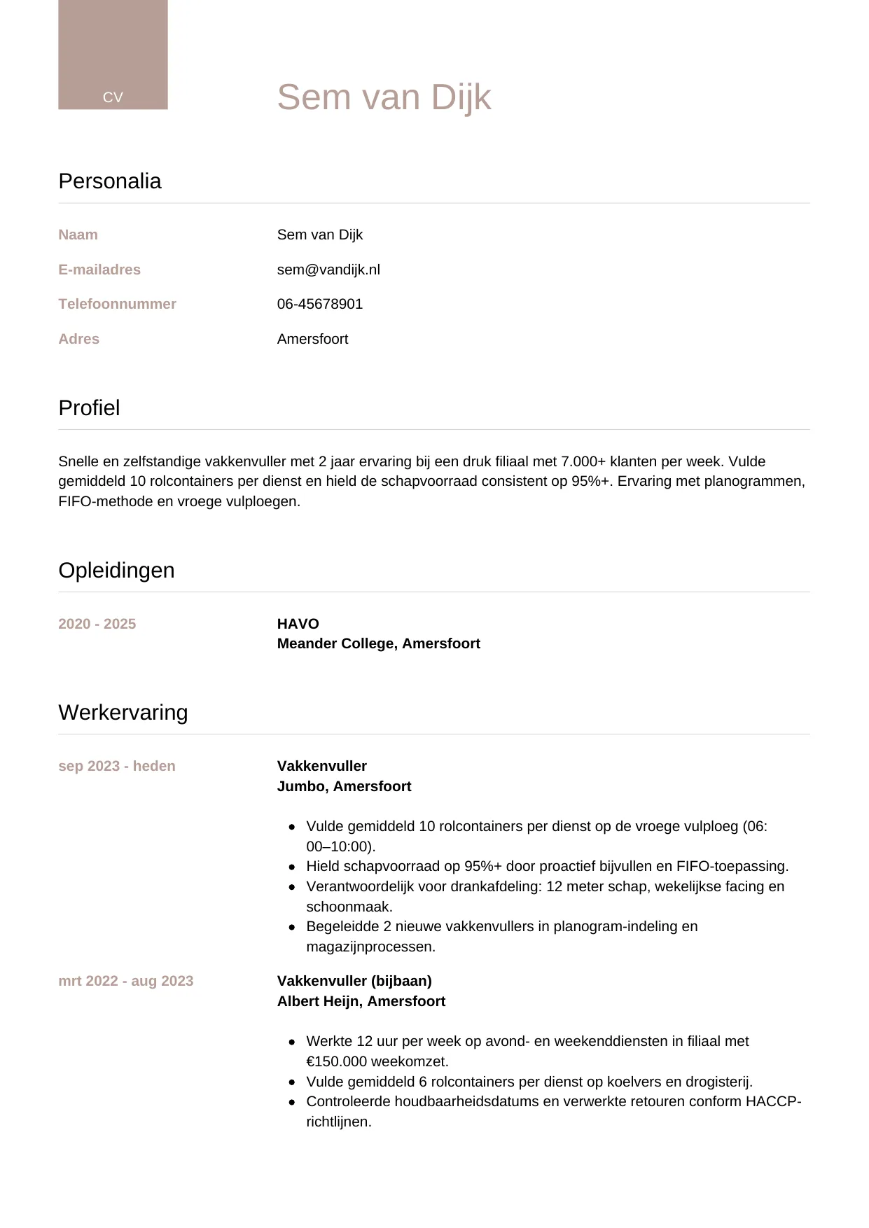 Voorbeeld CV voor vakkenvuller in template Luxe. CV Luxe voor vakkenvuller