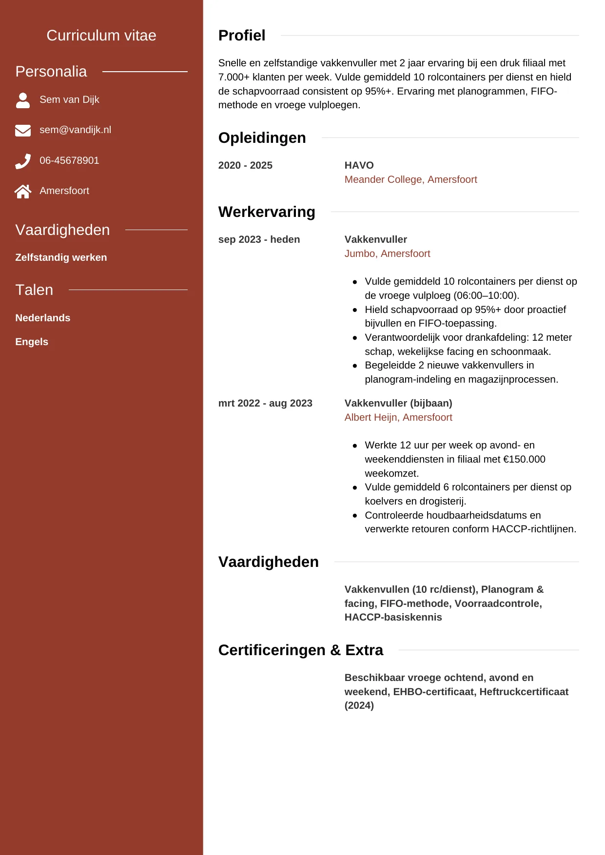 Voorbeeld CV voor vakkenvuller in template Modern. CV Modern voor vakkenvuller