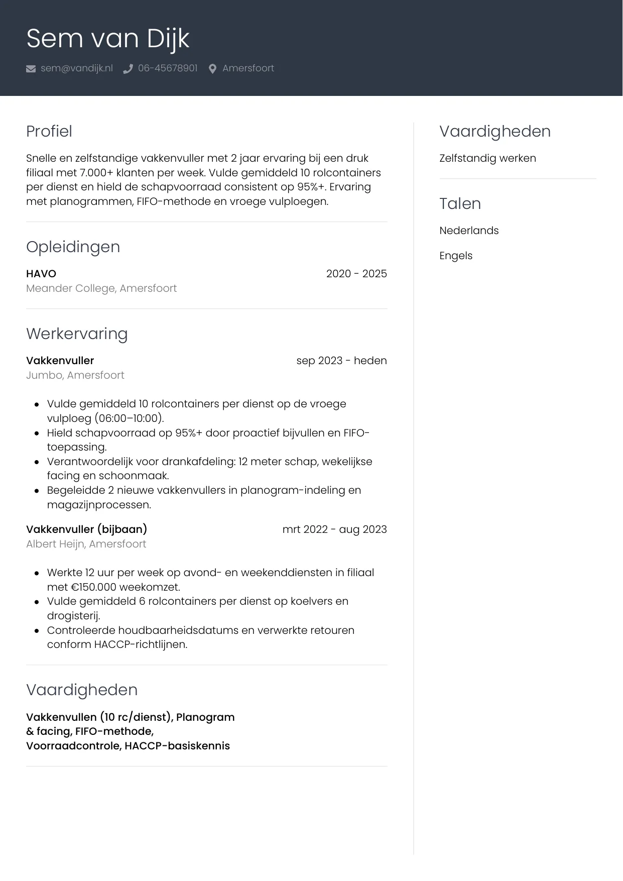 Voorbeeld CV voor vakkenvuller in template Professioneel. CV Professioneel voor vakkenvuller