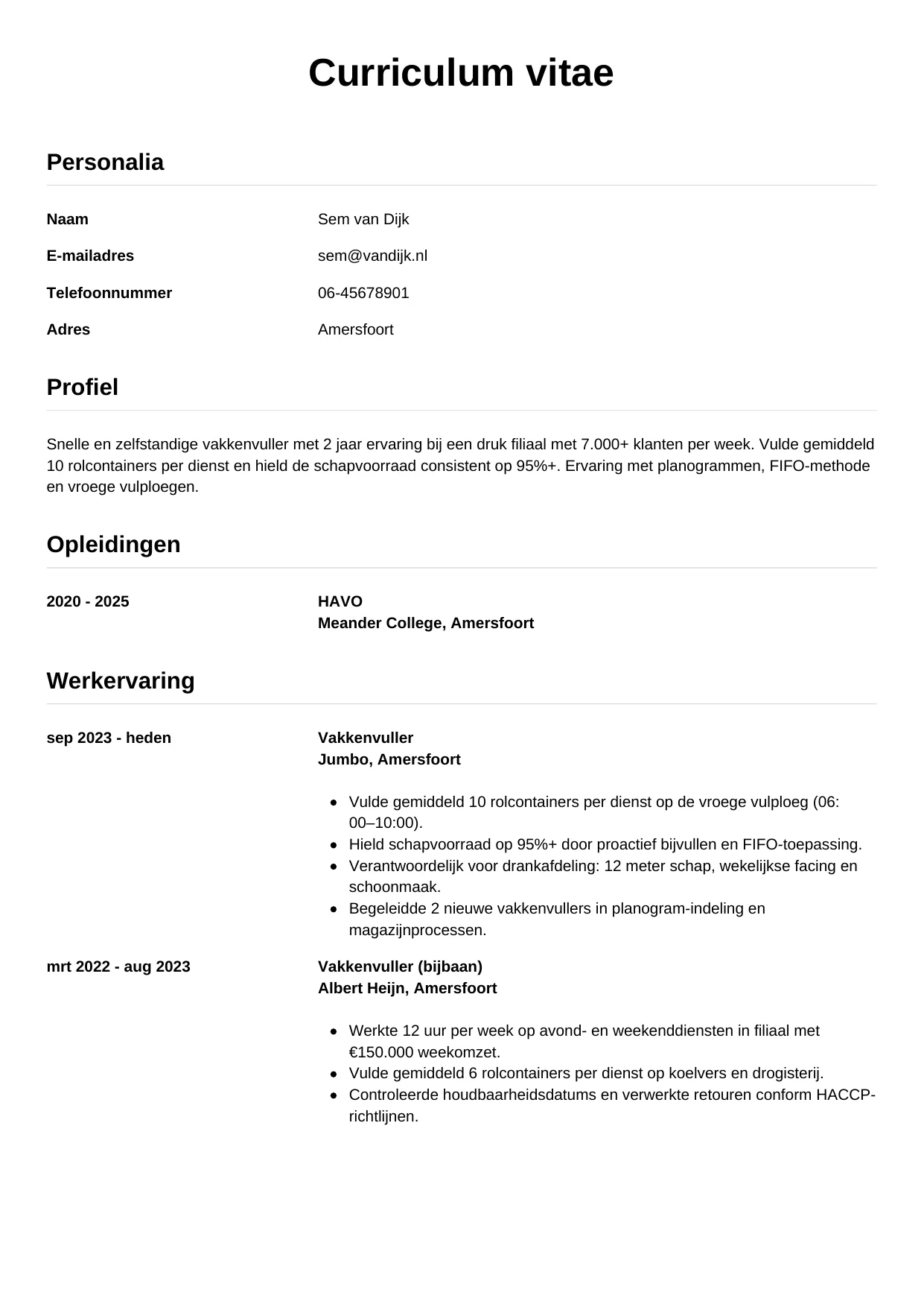 Voorbeeld CV voor vakkenvuller in template Simpel. CV Simpel voor vakkenvuller