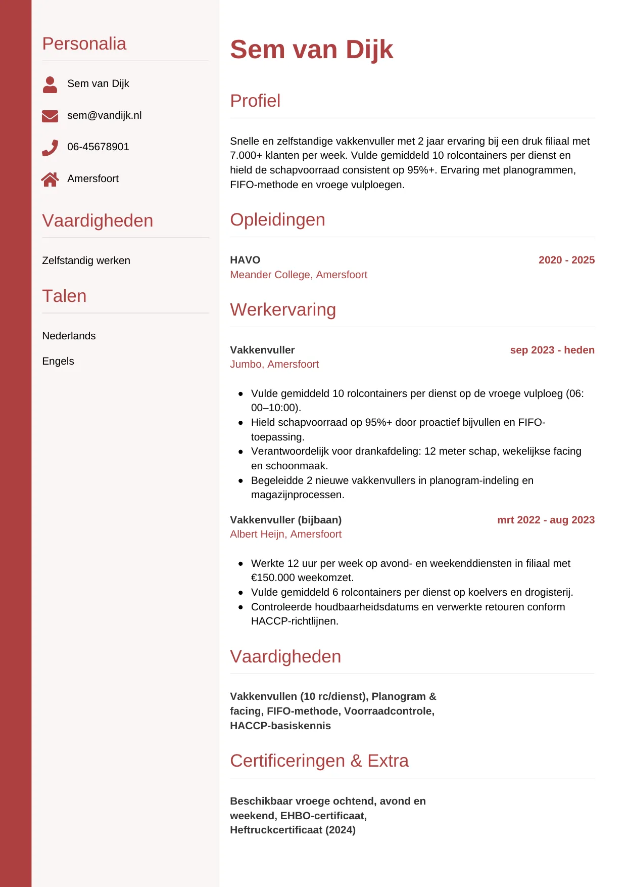 Voorbeeld CV voor vakkenvuller in template Verticaal. CV Verticaal voor vakkenvuller
