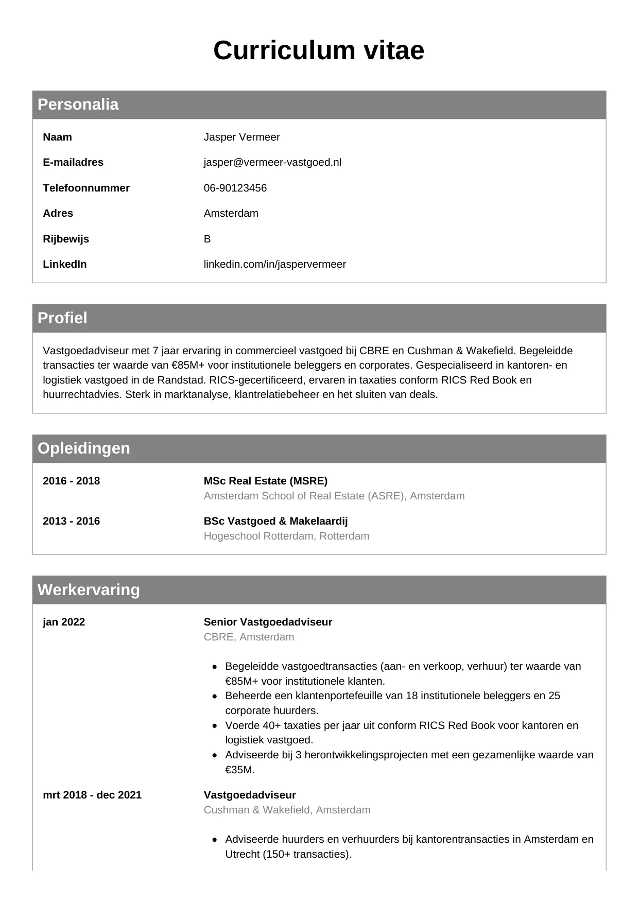 CV Klassiek voor vastgoedadviseur