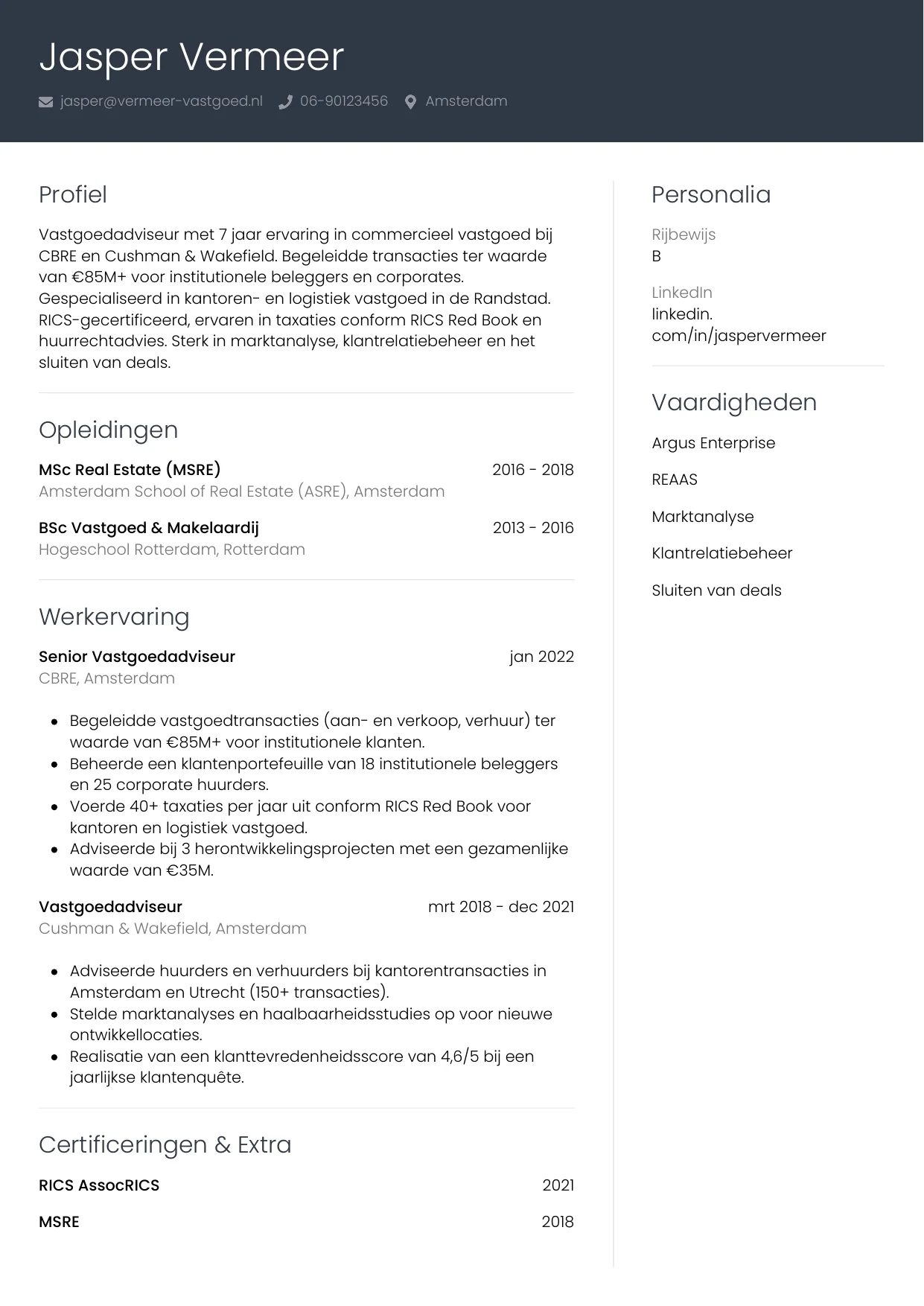 CV Professioneel voor vastgoedadviseur