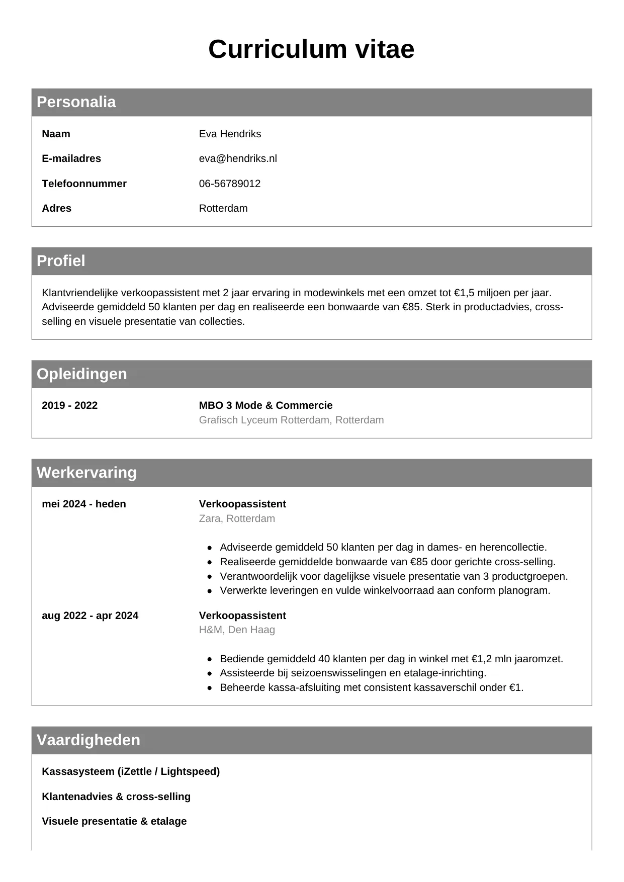 CV Klassiek voor verkoopassistent