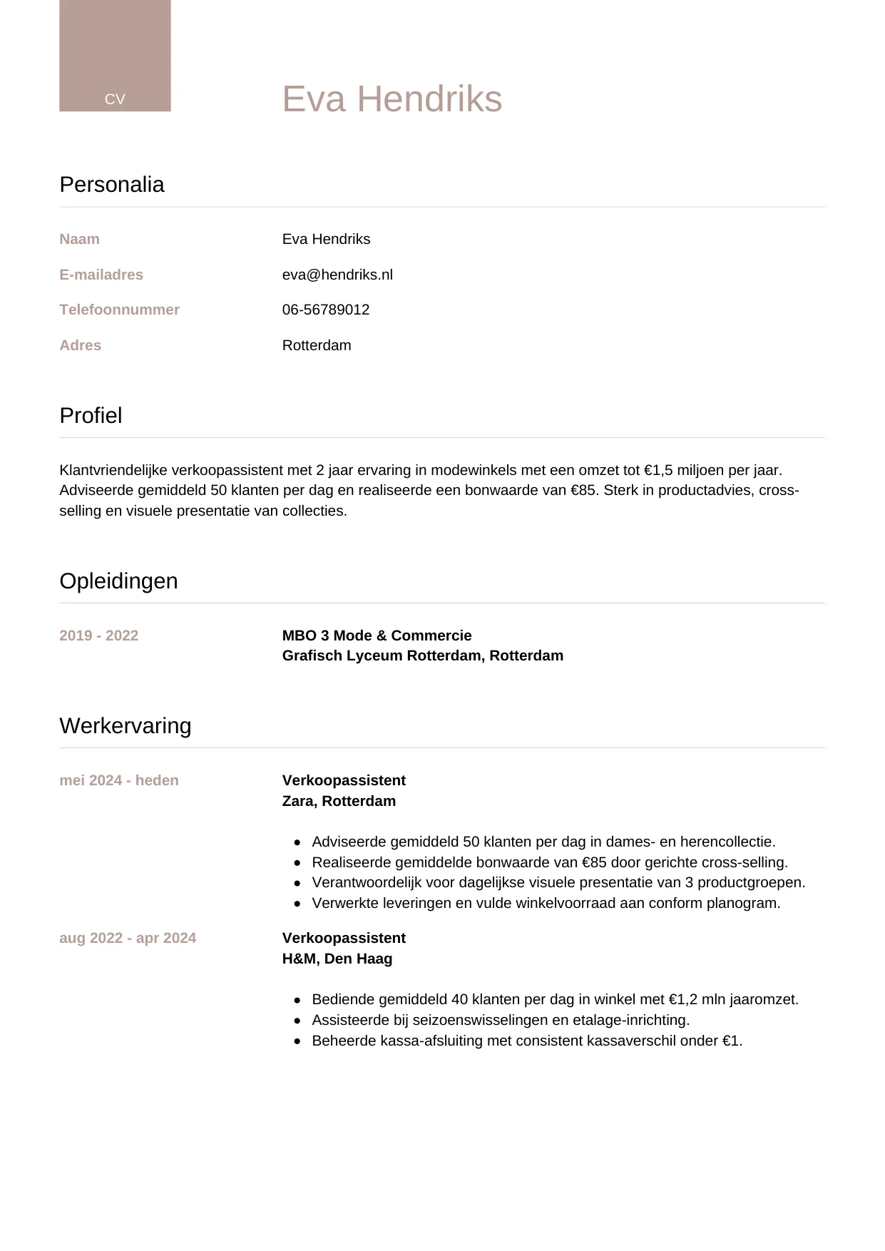 CV Luxe voor verkoopassistent
