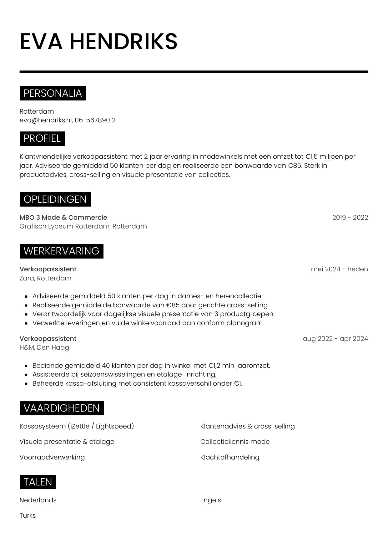 CV Metro voor verkoopassistent