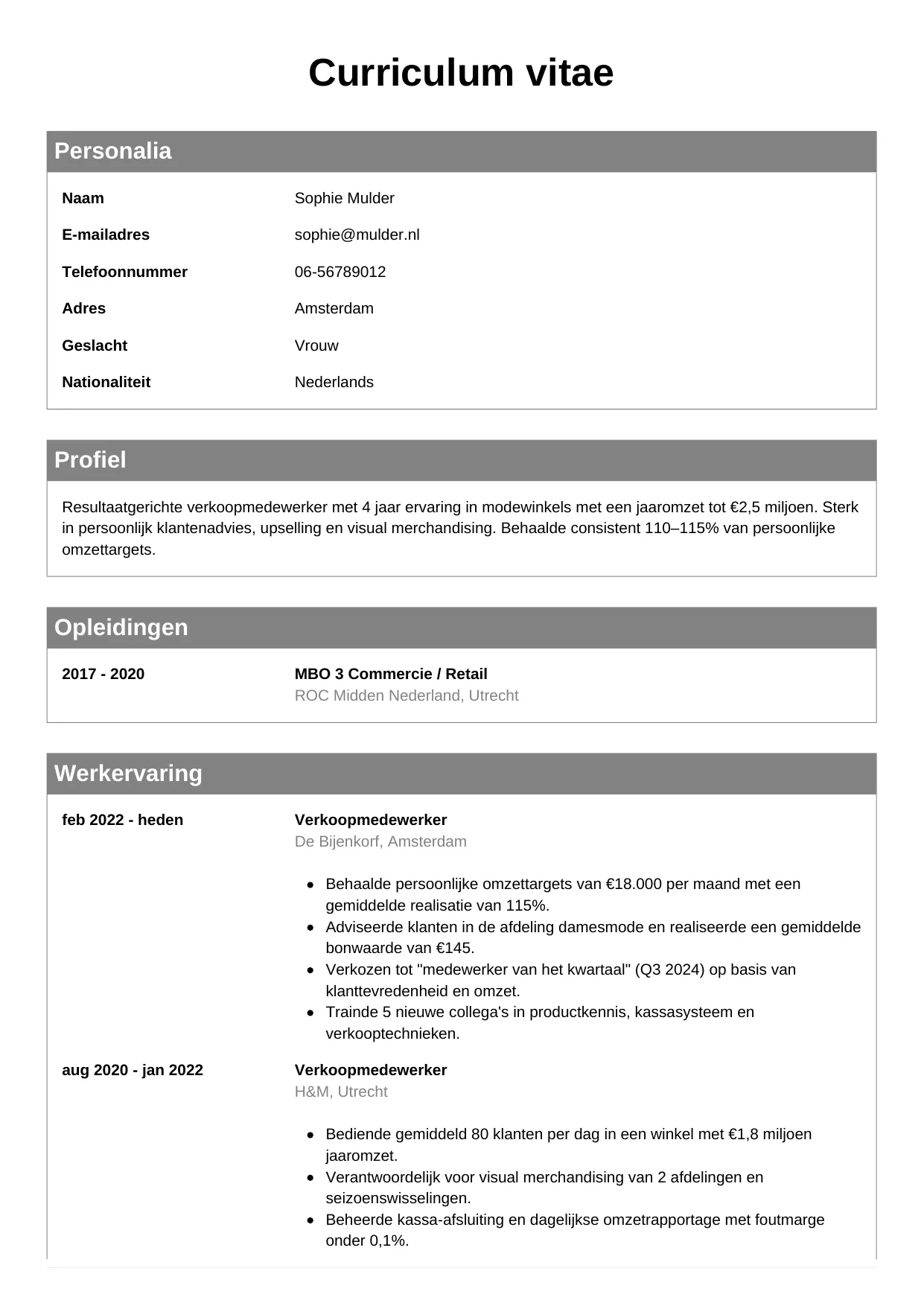 CV Klassiek voor verkoopmedewerker
