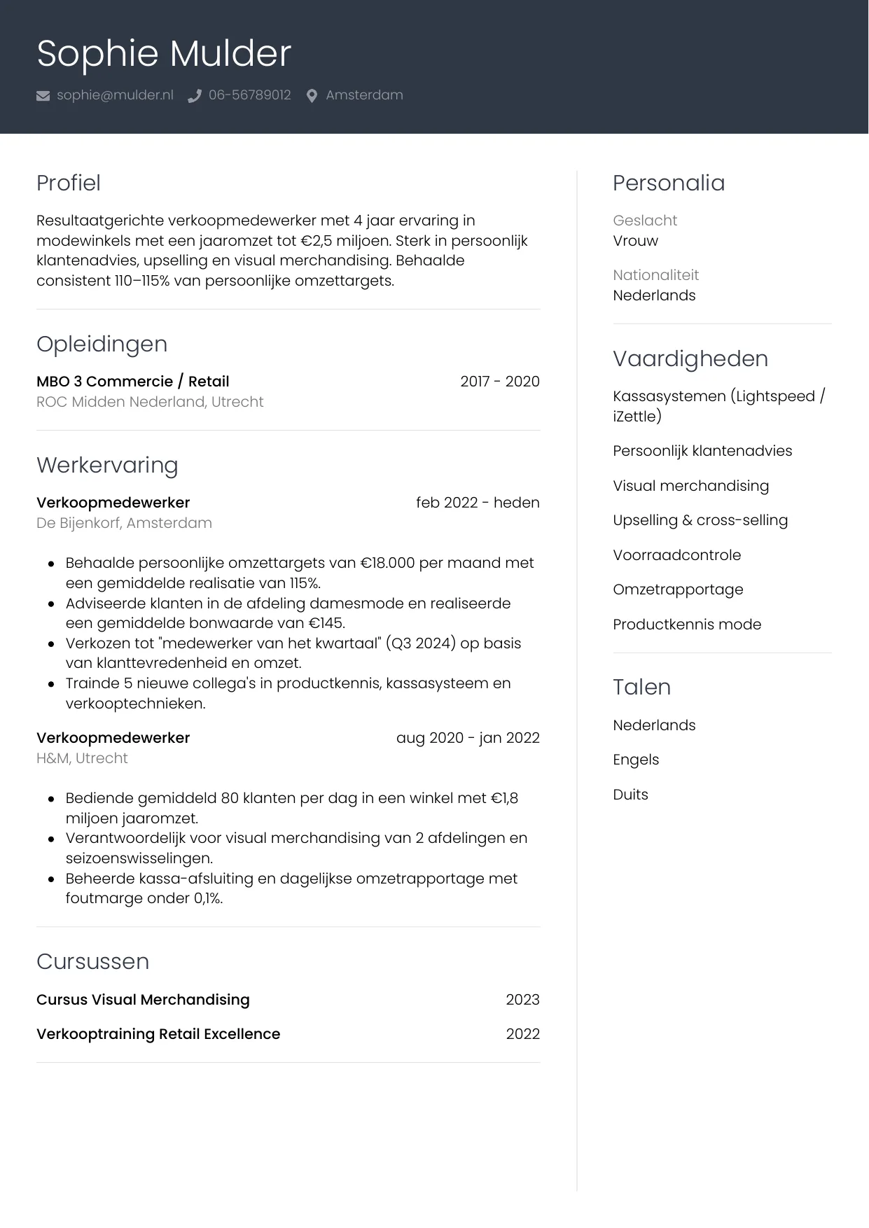 CV Professioneel voor verkoopmedewerker