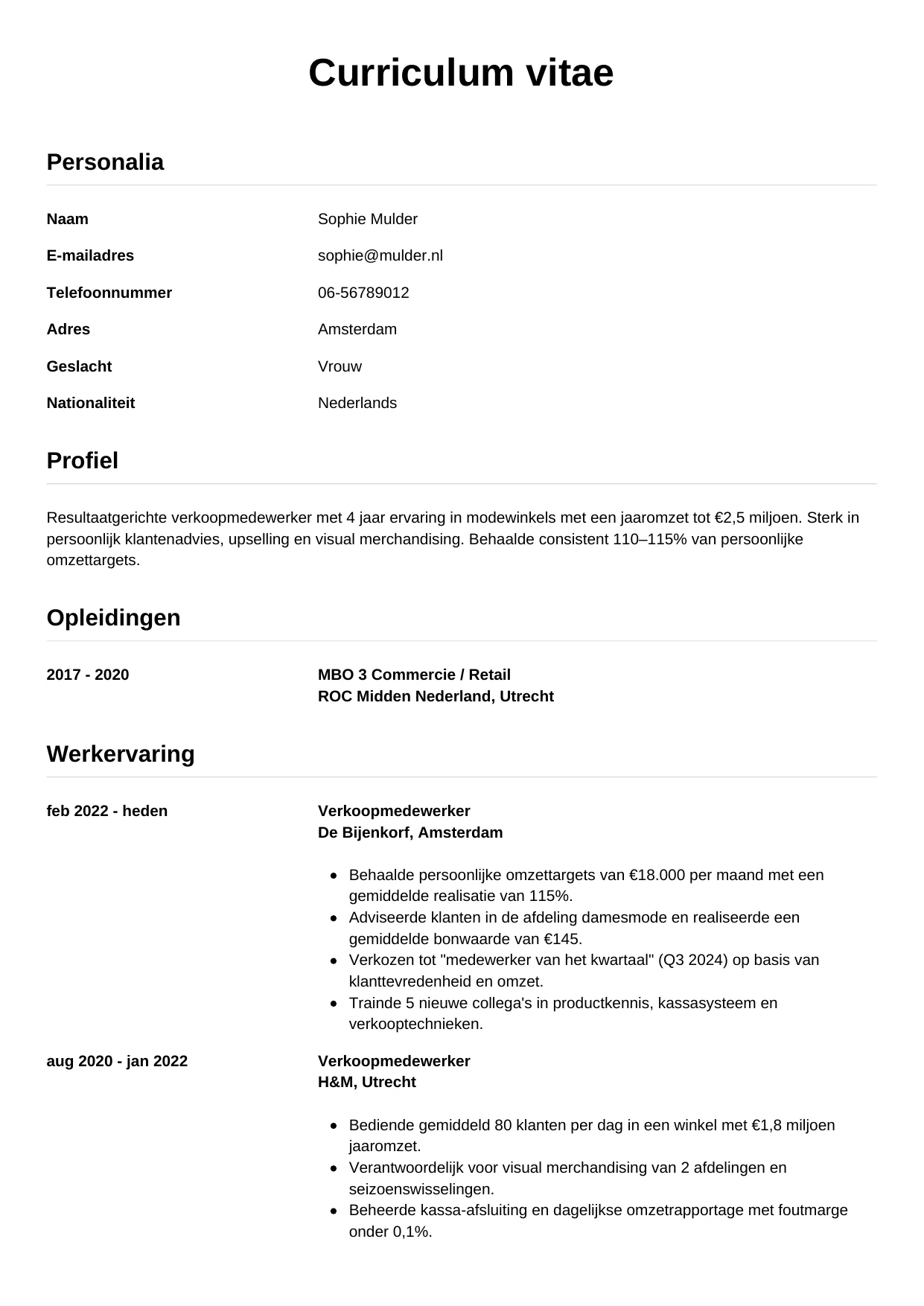 CV Simpel voor verkoopmedewerker