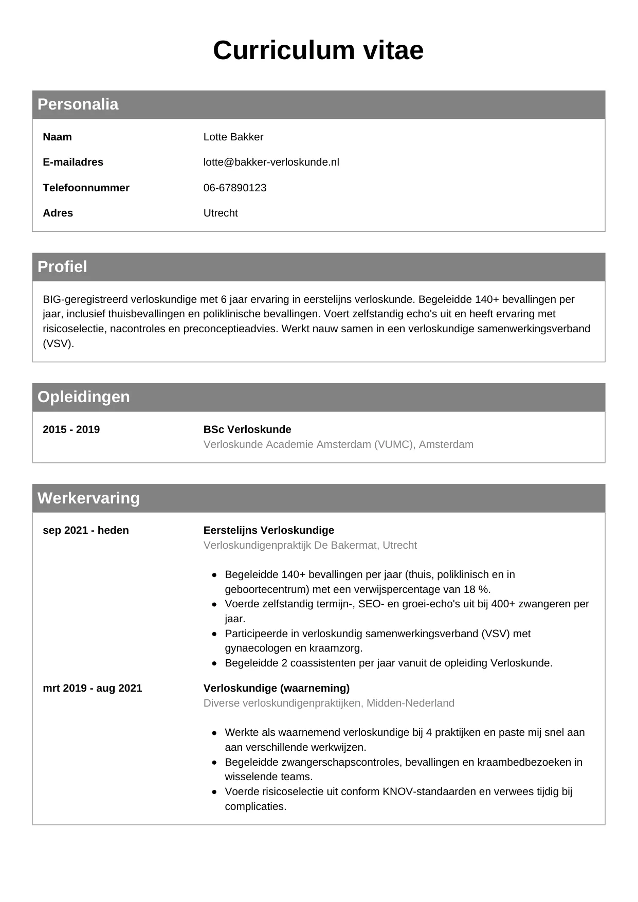 CV Klassiek voor verloskundige
