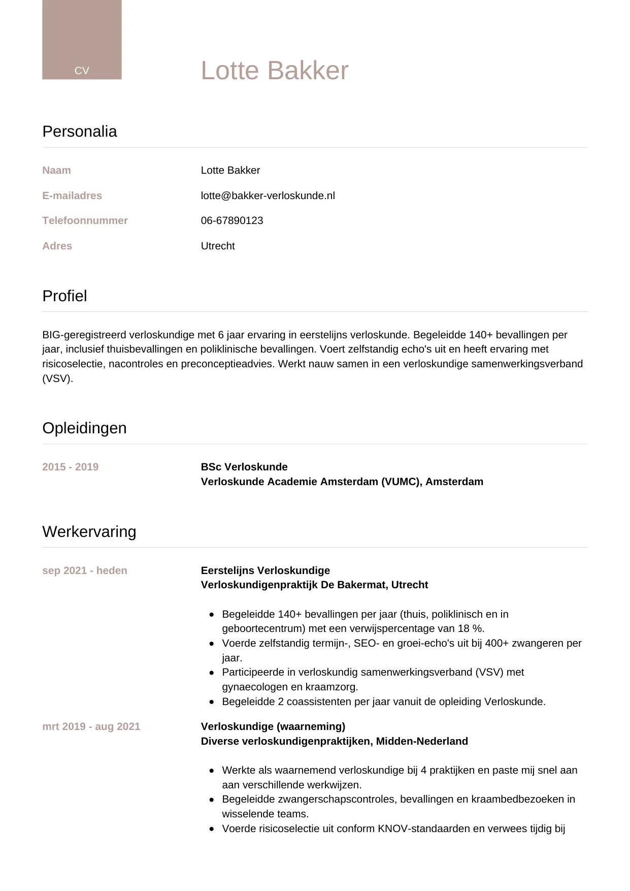 CV Luxe voor verloskundige