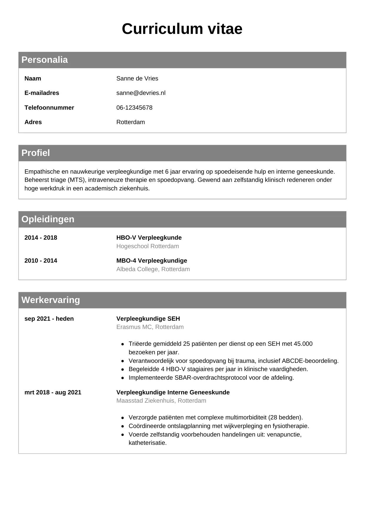 CV Klassiek voor verpleegkundige