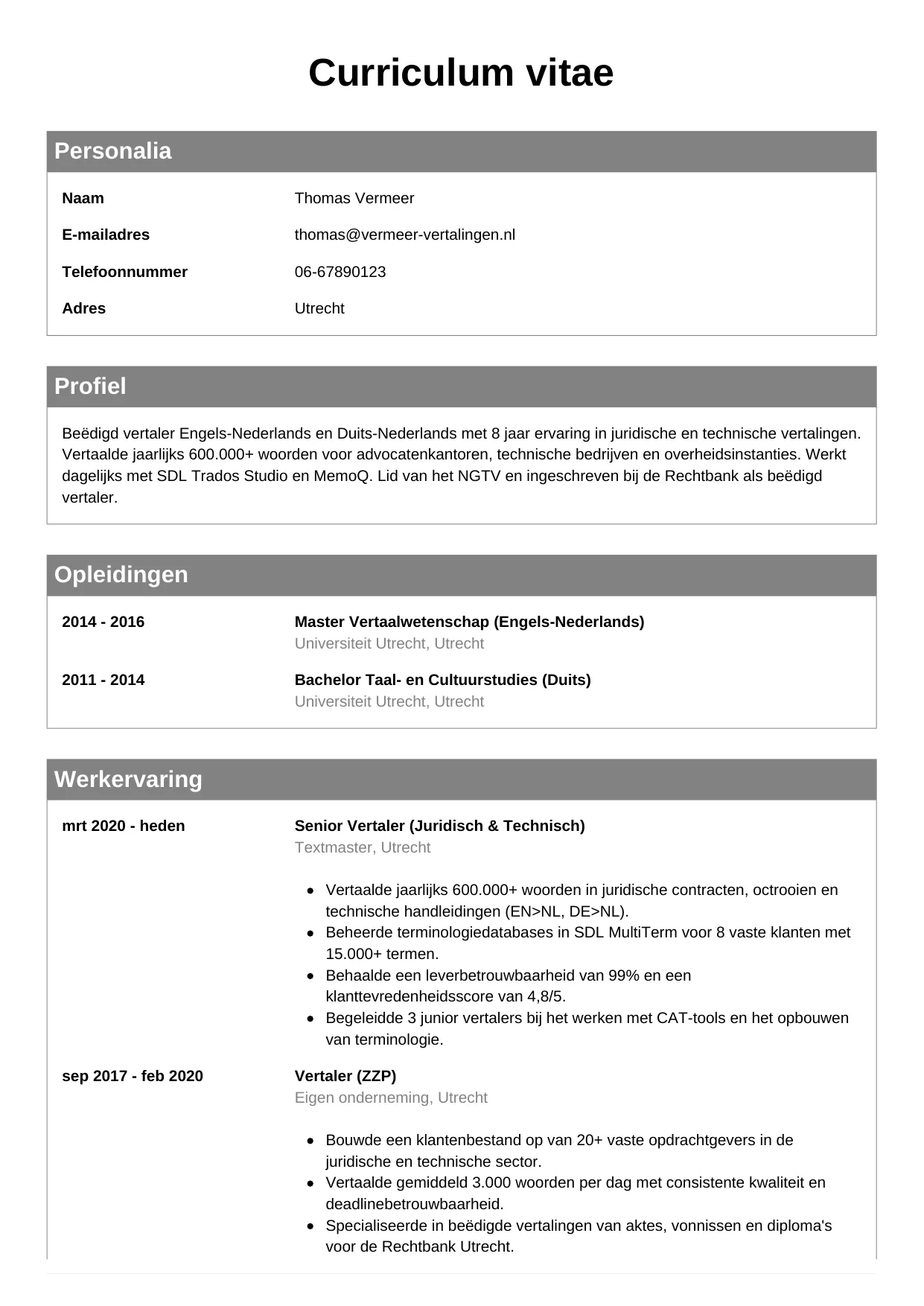 CV Klassiek voor vertaler