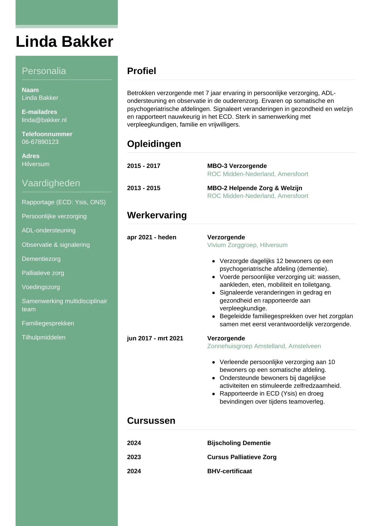 Voorbeeld CV voor verzorgende in template Casual. CV Casual voor verzorgende