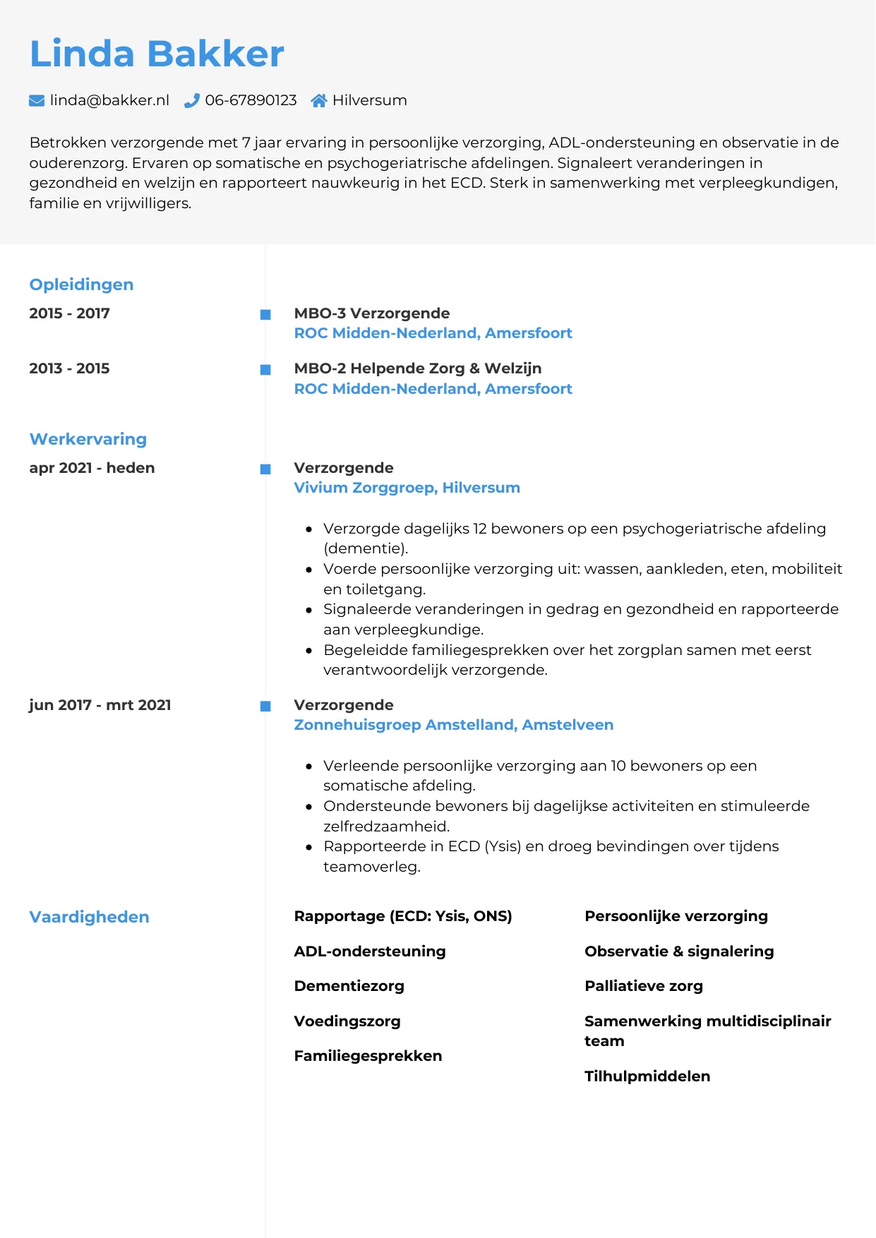 Voorbeeld CV voor verzorgende in template Chrono. CV Chrono voor verzorgende