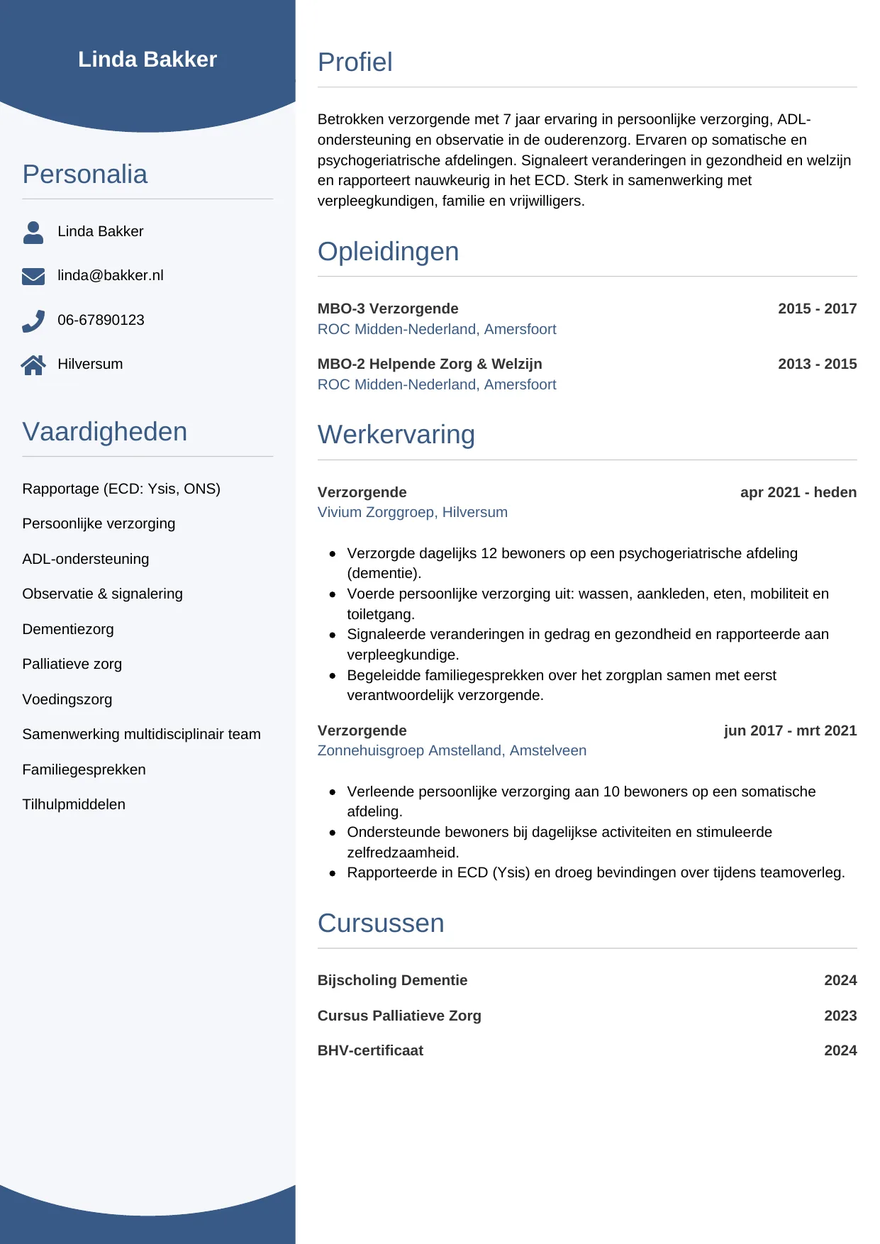 Voorbeeld CV voor verzorgende in template Circulair. CV Circulair voor verzorgende