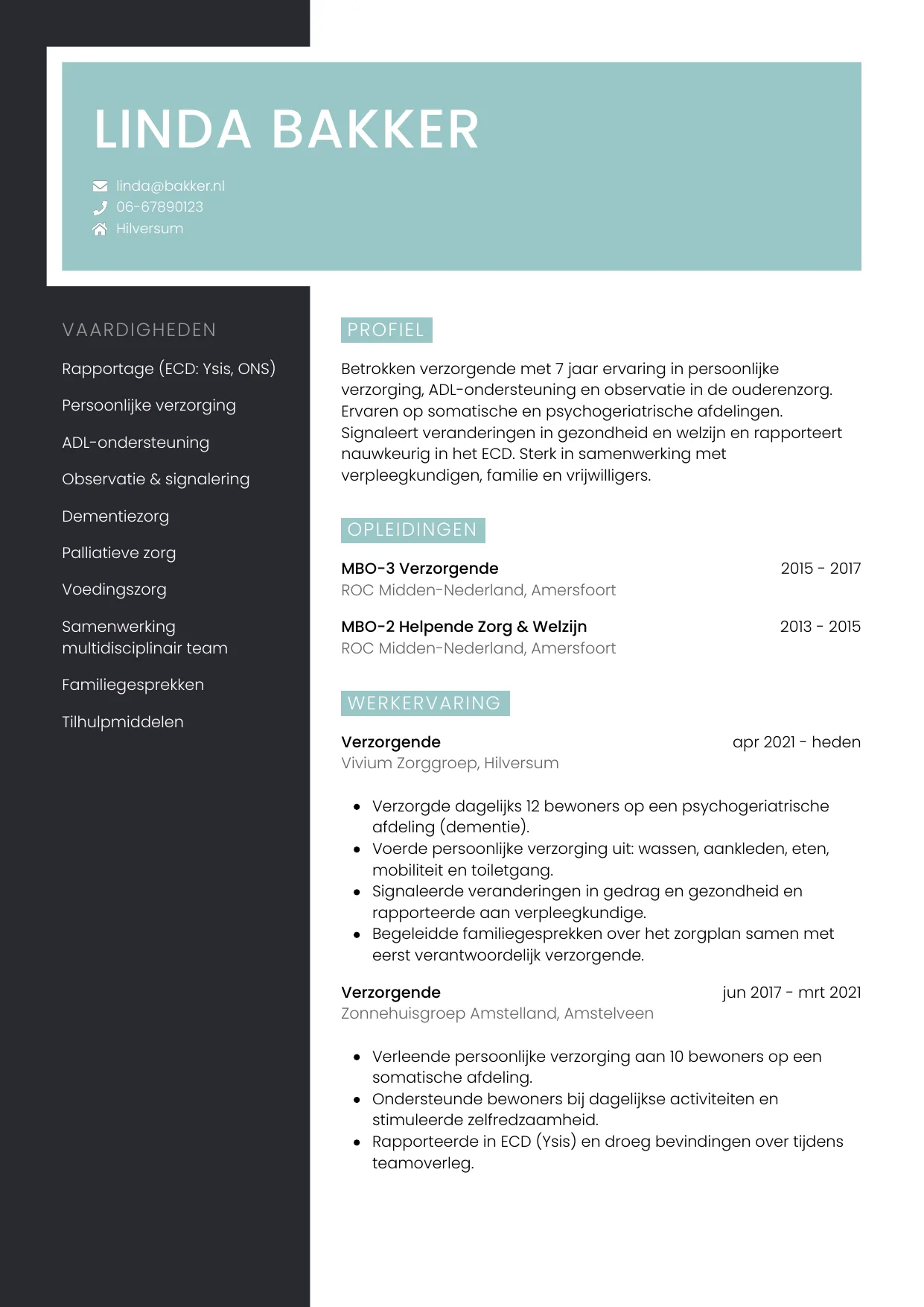 Voorbeeld CV voor verzorgende in template Elegant. CV Elegant voor verzorgende
