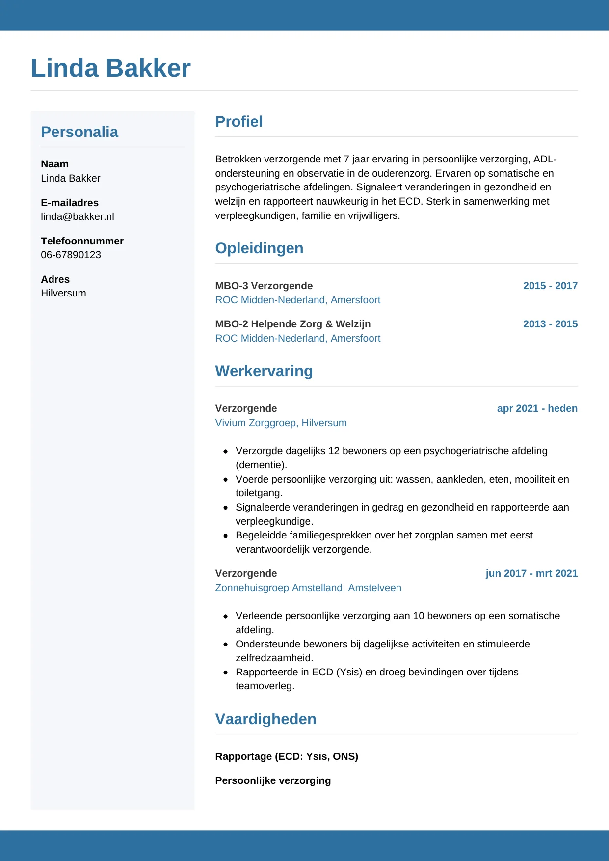 Voorbeeld CV voor verzorgende in template Horizontaal. CV Horizontaal voor verzorgende