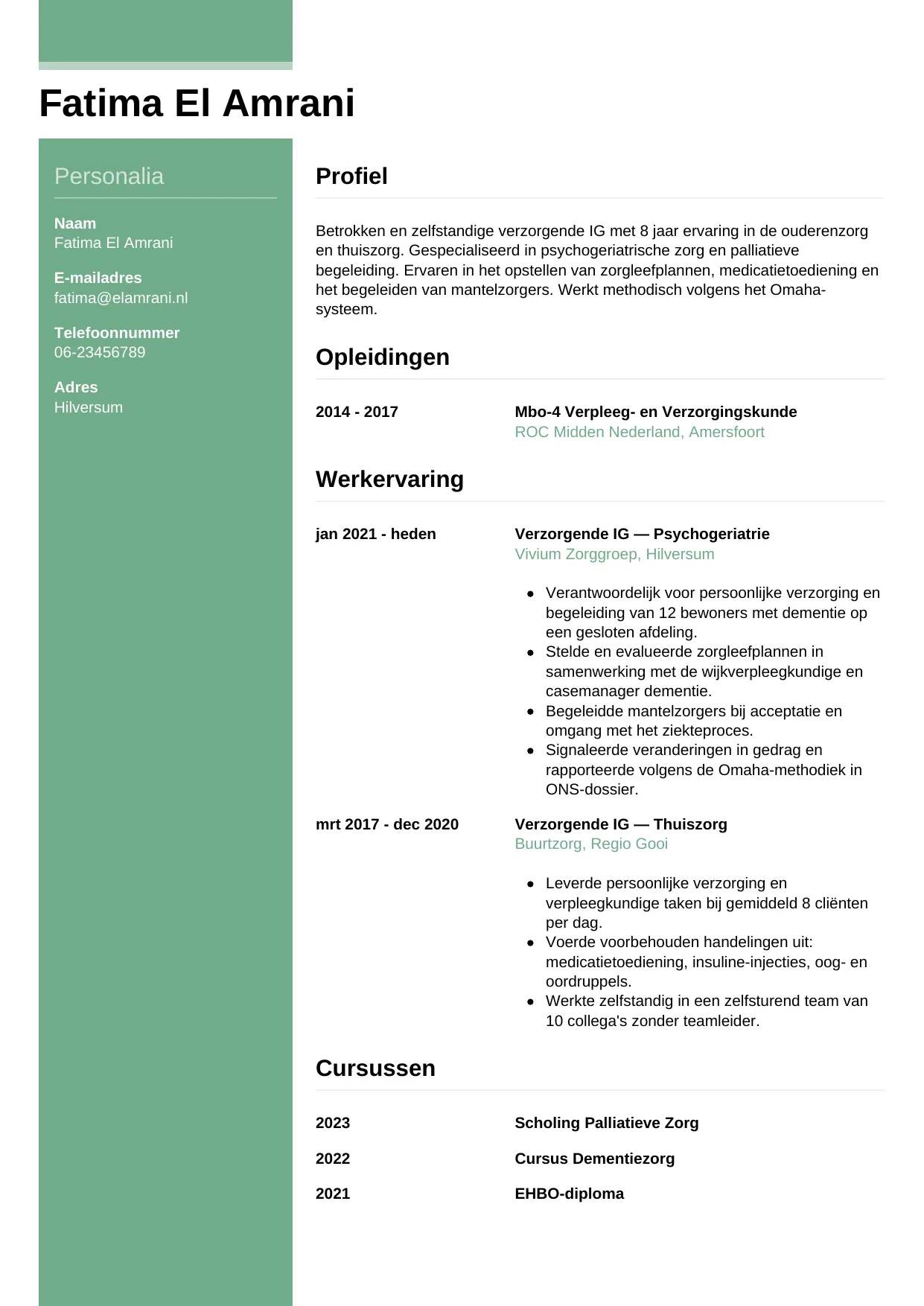 Voorbeeld CV voor verzorgende ig in template Casual. CV Casual voor verzorgende ig