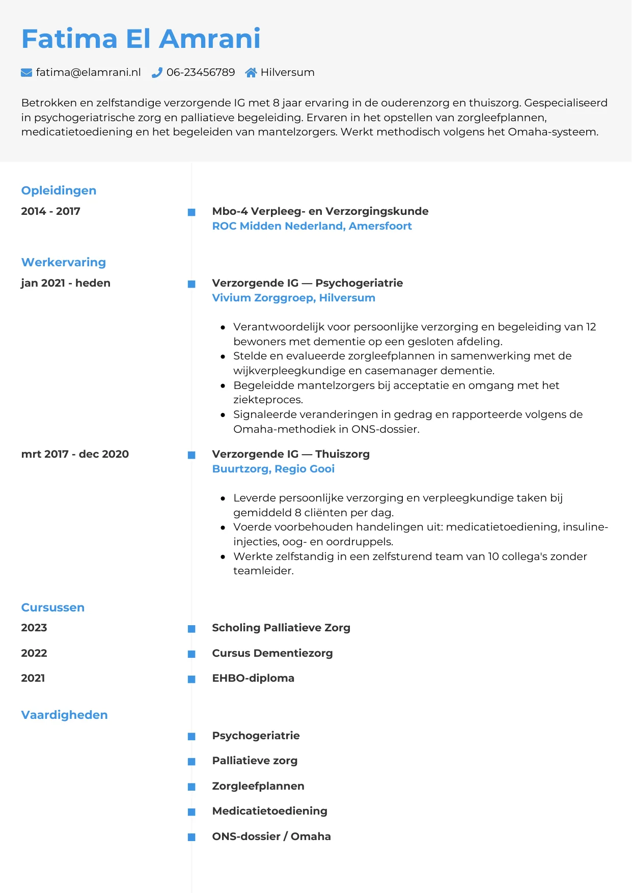 Voorbeeld CV voor verzorgende ig in template Chrono. CV Chrono voor verzorgende ig