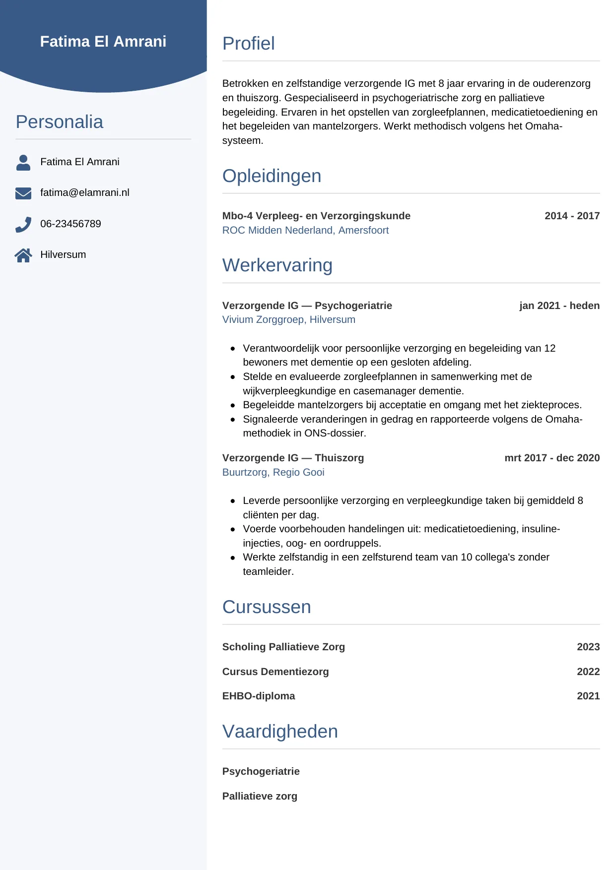 Voorbeeld CV voor verzorgende ig in template Circulair. CV Circulair voor verzorgende ig