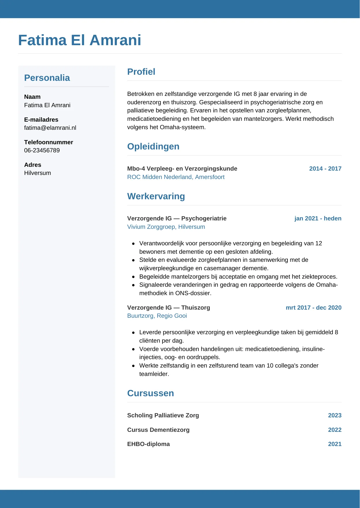 Voorbeeld CV voor verzorgende ig in template Horizontaal. CV Horizontaal voor verzorgende ig