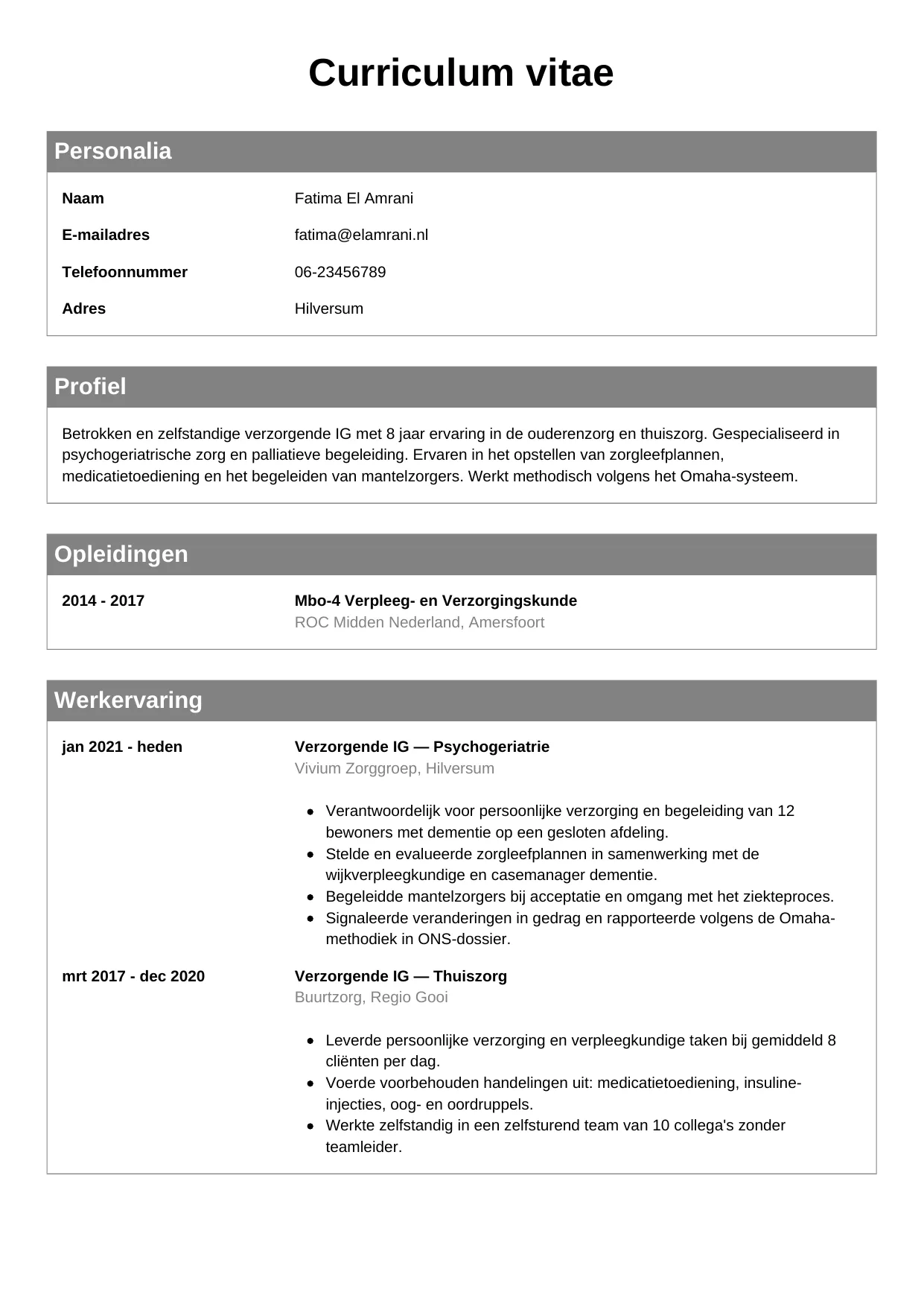 Voorbeeld CV voor verzorgende ig in template Klassiek. CV Klassiek voor verzorgende ig