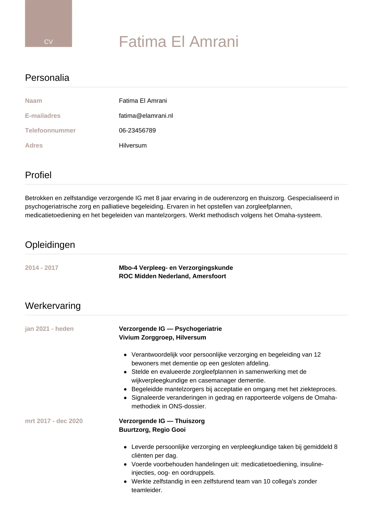 Voorbeeld CV voor verzorgende ig in template Luxe. CV Luxe voor verzorgende ig
