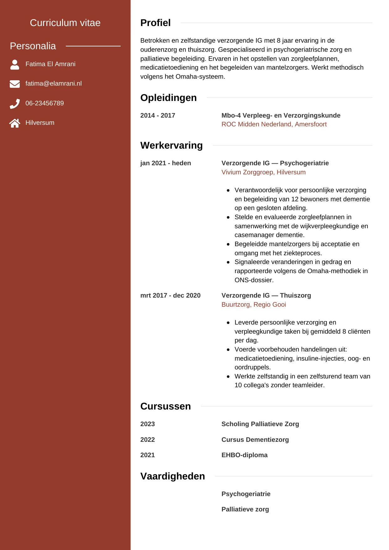 Voorbeeld CV voor verzorgende ig in template Modern. CV Modern voor verzorgende ig