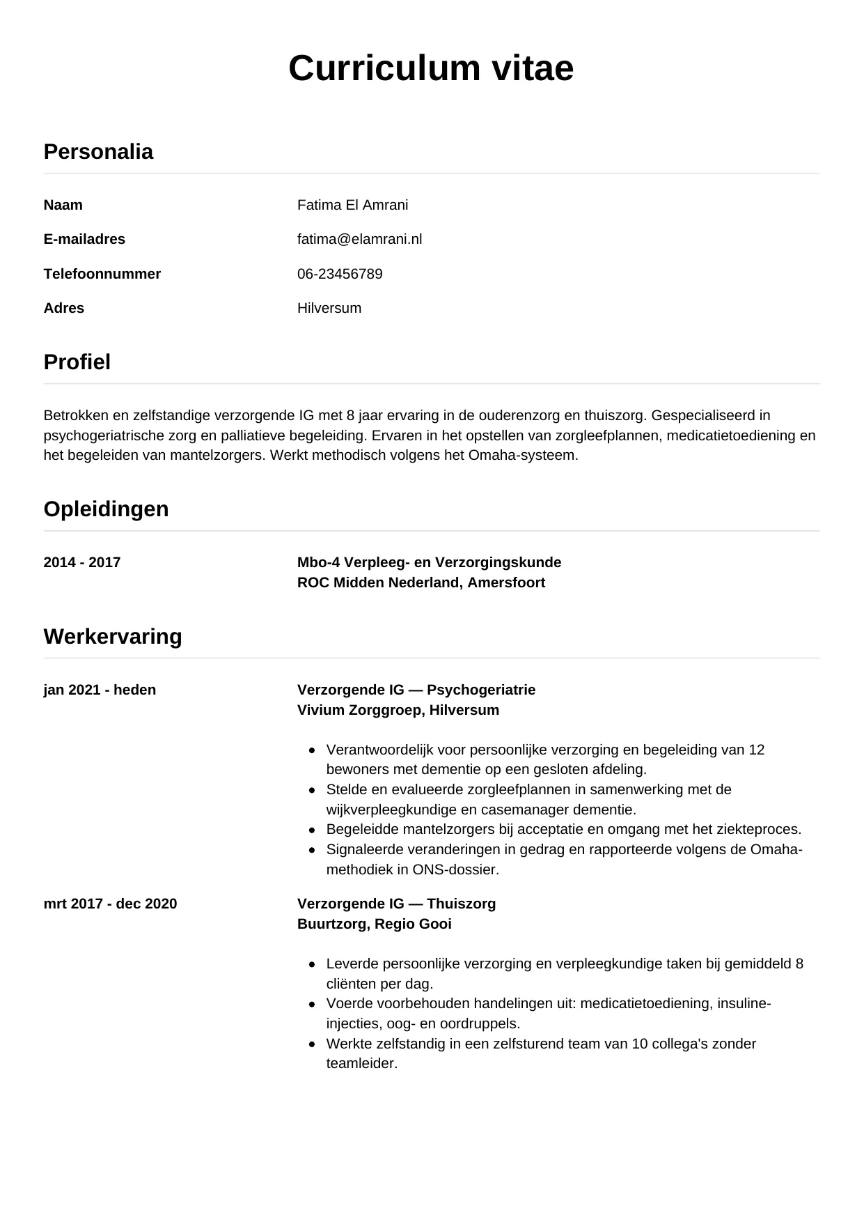 Voorbeeld CV voor verzorgende ig in template Simpel. CV Simpel voor verzorgende ig