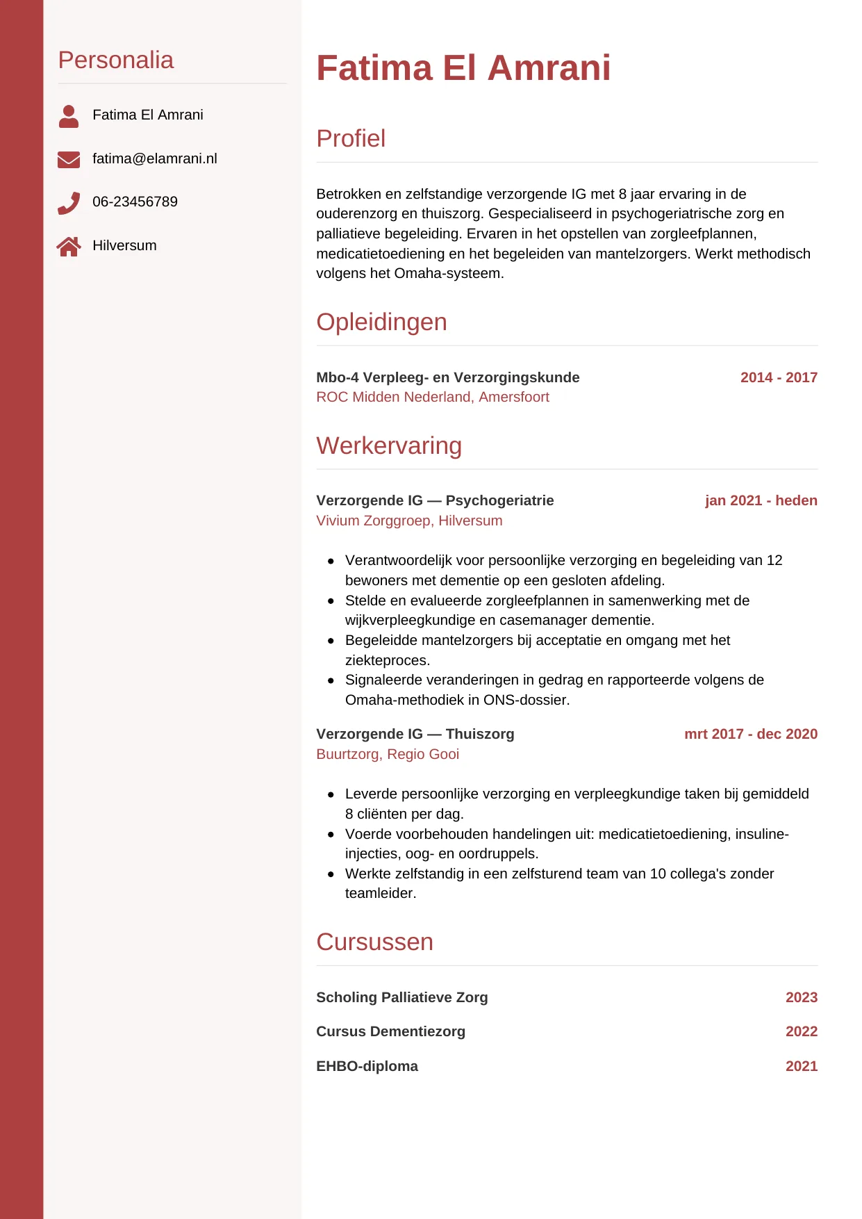 Voorbeeld CV voor verzorgende ig in template Verticaal. CV Verticaal voor verzorgende ig