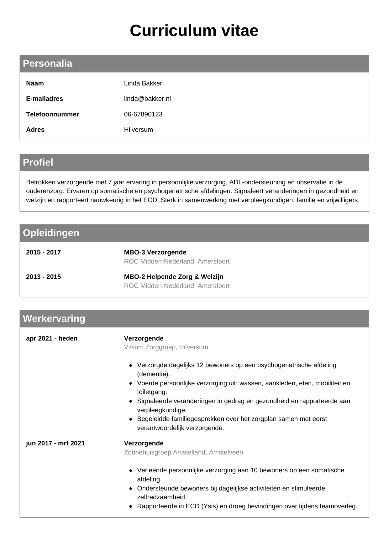 Voorbeeld CV voor verzorgende in template Klassiek. CV Klassiek voor verzorgende