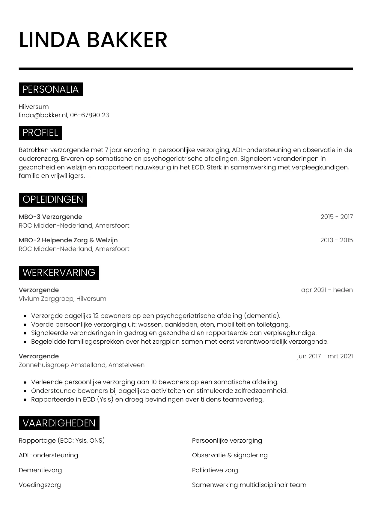 Voorbeeld CV voor verzorgende in template Metro. CV Metro voor verzorgende
