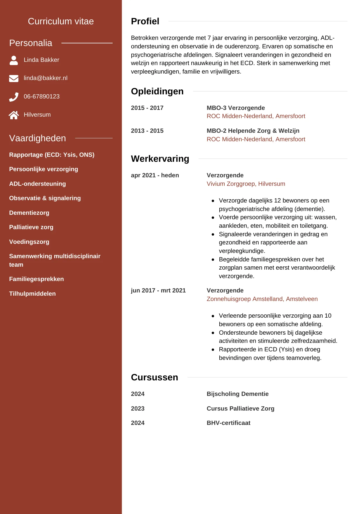Voorbeeld CV voor verzorgende in template Modern. CV Modern voor verzorgende