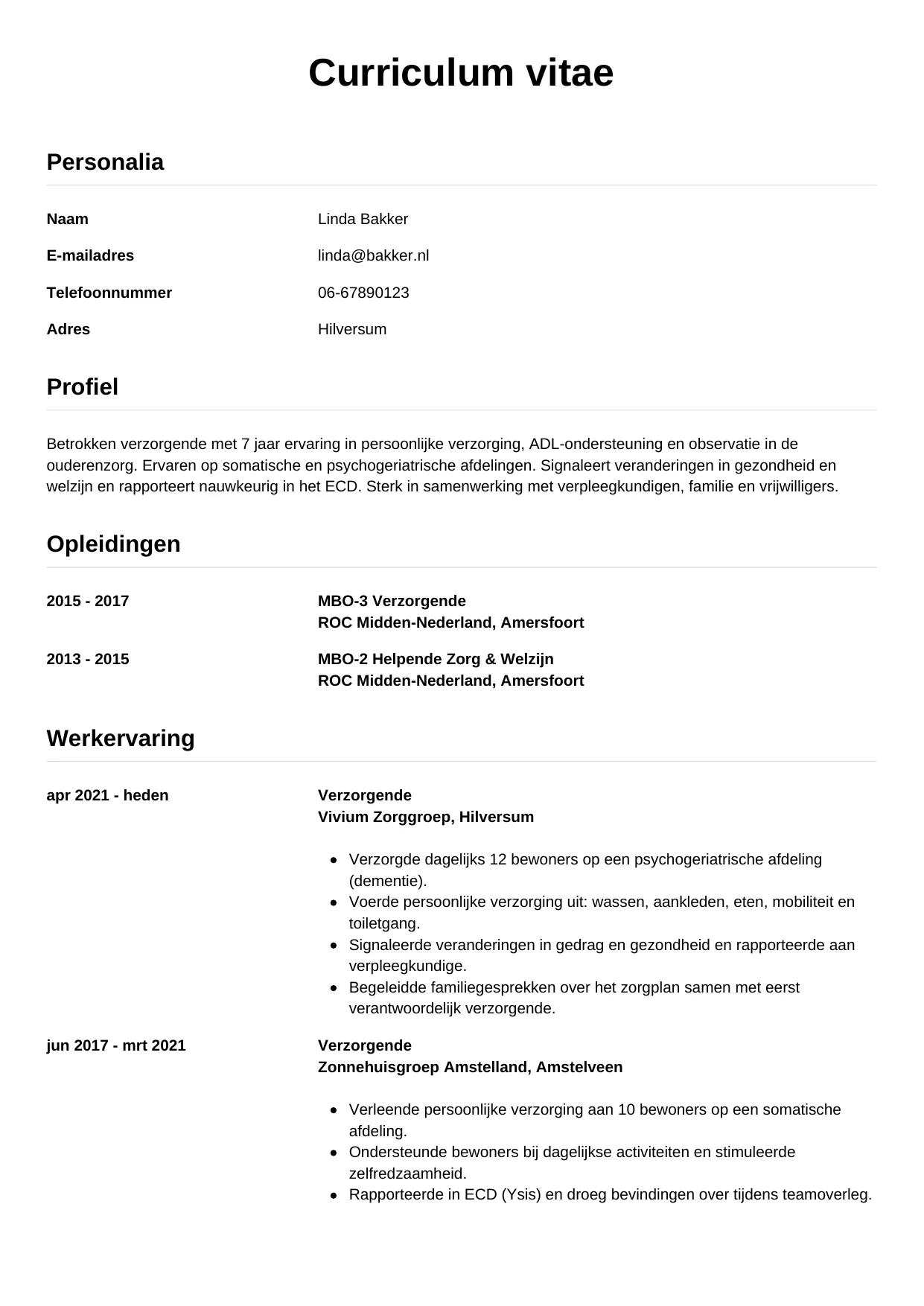 Voorbeeld CV voor verzorgende in template Simpel. CV Simpel voor verzorgende