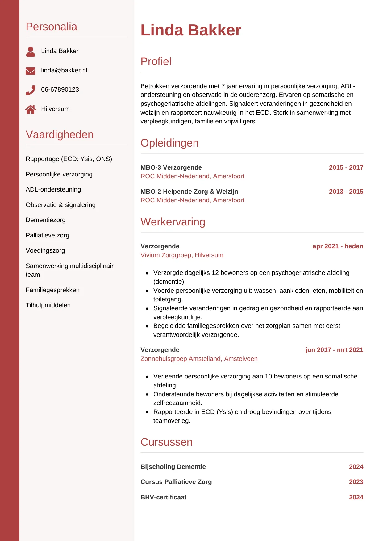 Voorbeeld CV voor verzorgende in template Verticaal. CV Verticaal voor verzorgende