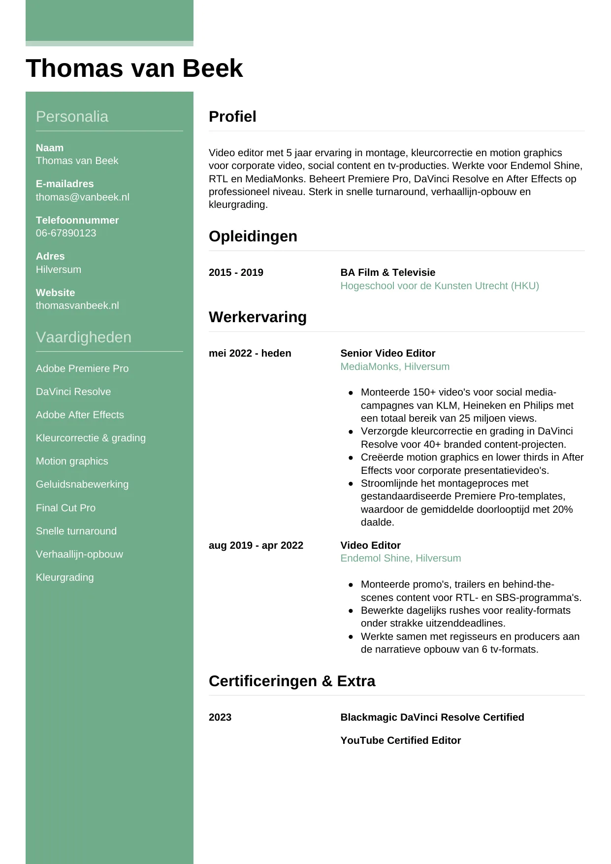 Voorbeeld CV voor video editor in template Casual. CV Casual voor video editor