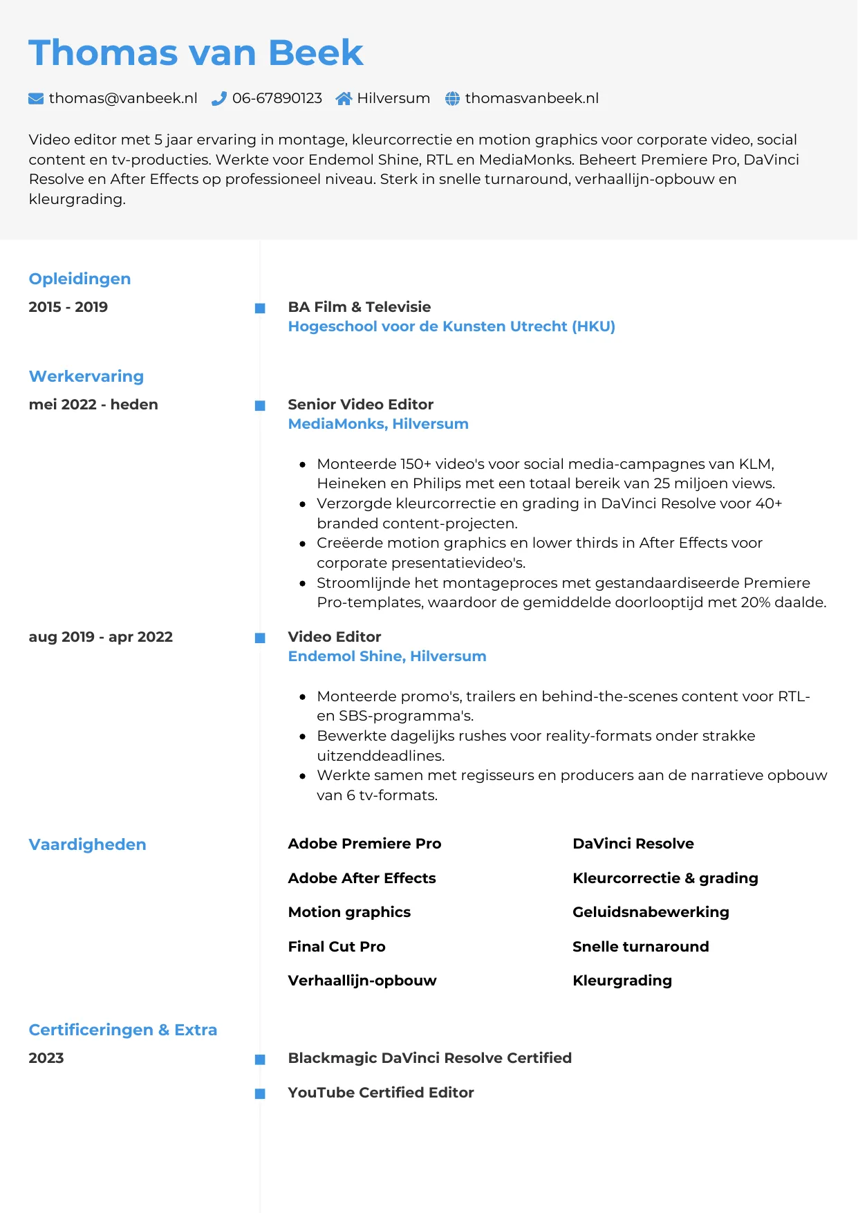 Voorbeeld CV voor video editor in template Chrono. CV Chrono voor video editor