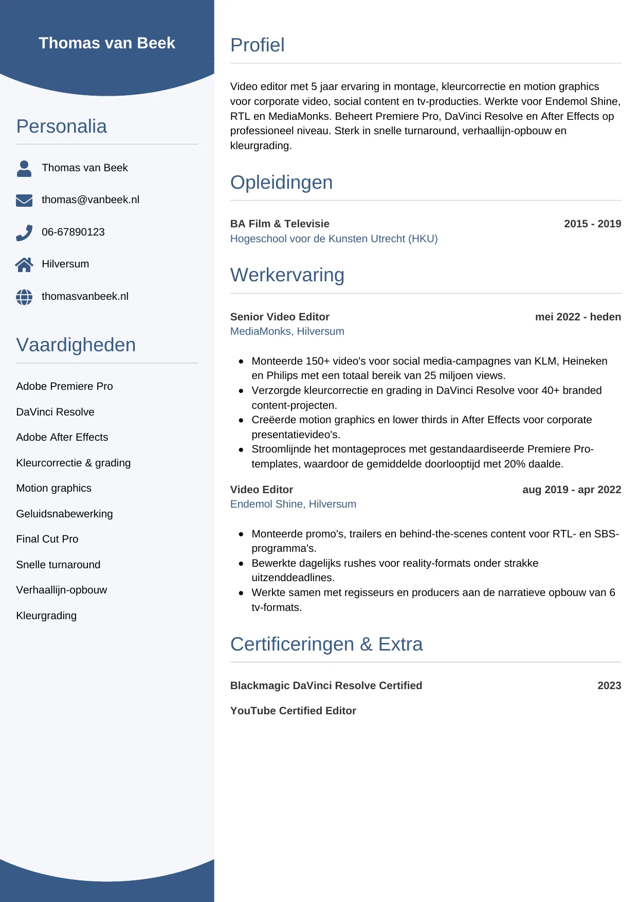 Voorbeeld CV voor video editor in template Circulair. CV Circulair voor video editor