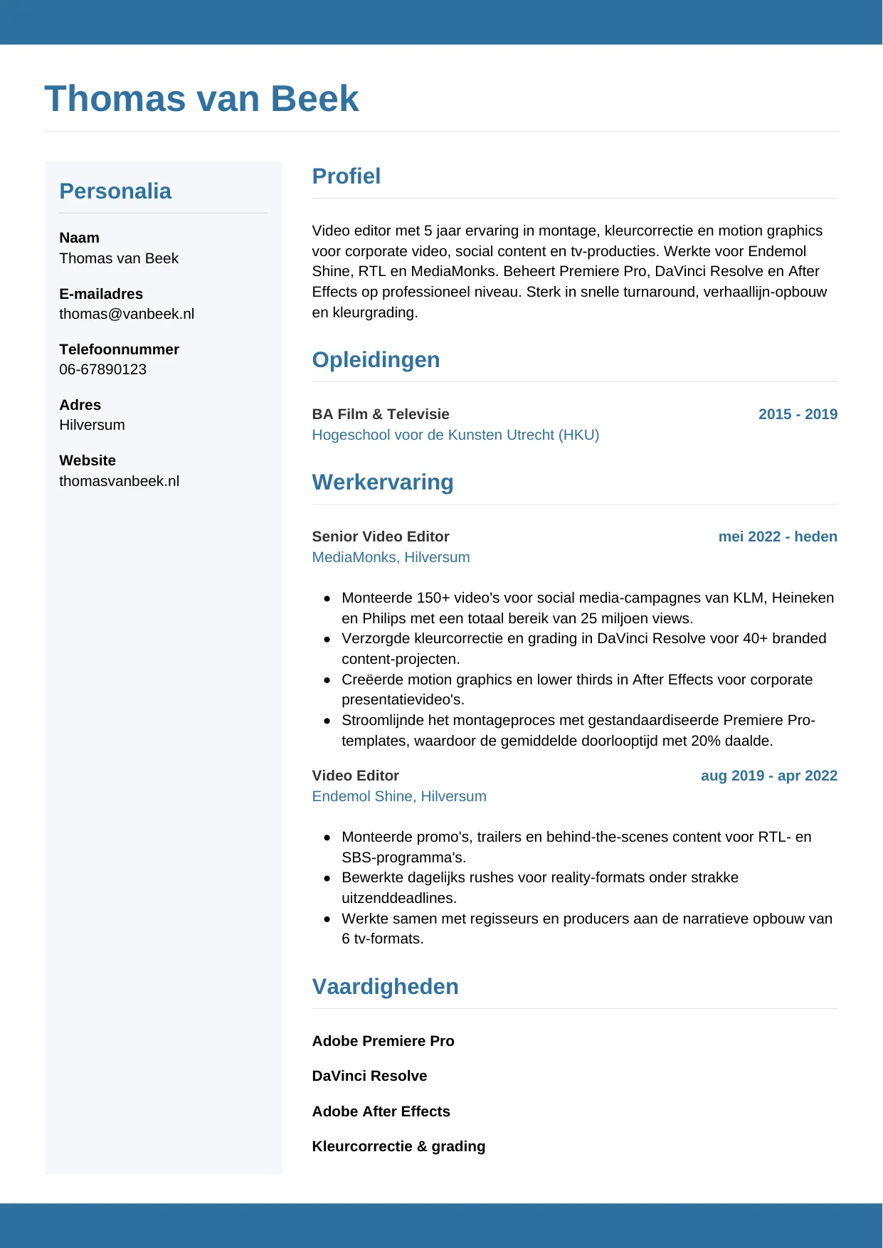 Voorbeeld CV voor video editor in template Horizontaal. CV Horizontaal voor video editor