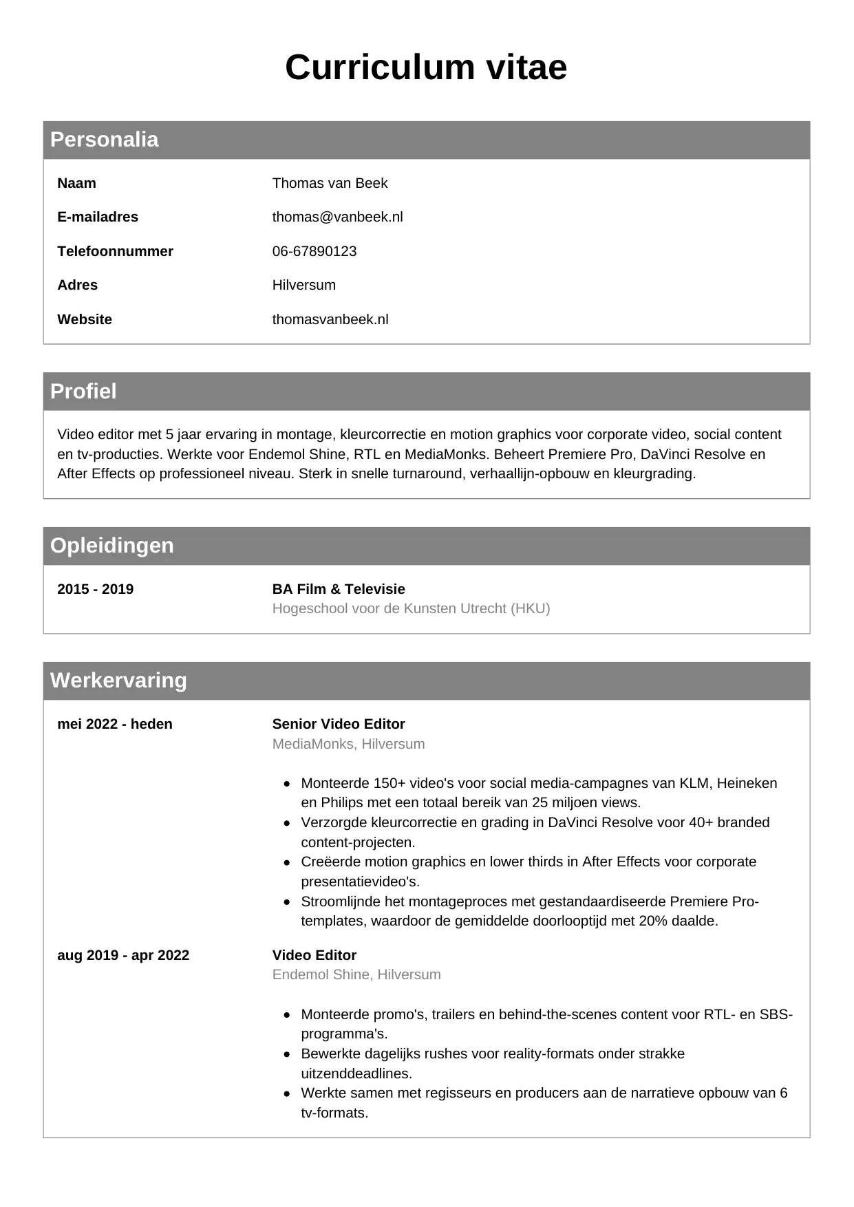 Voorbeeld CV voor video editor in template Klassiek. CV Klassiek voor video editor