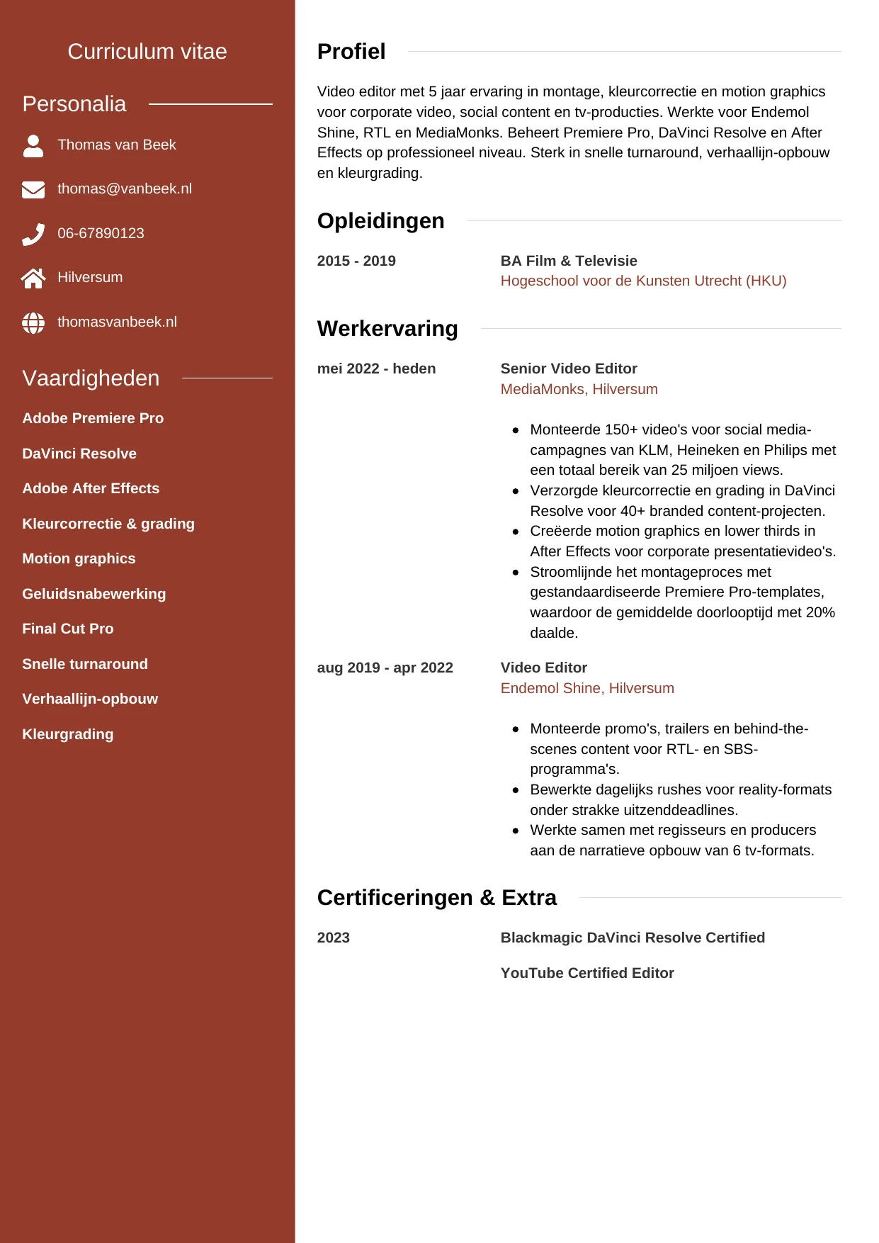 Voorbeeld CV voor video editor in template Modern. CV Modern voor video editor