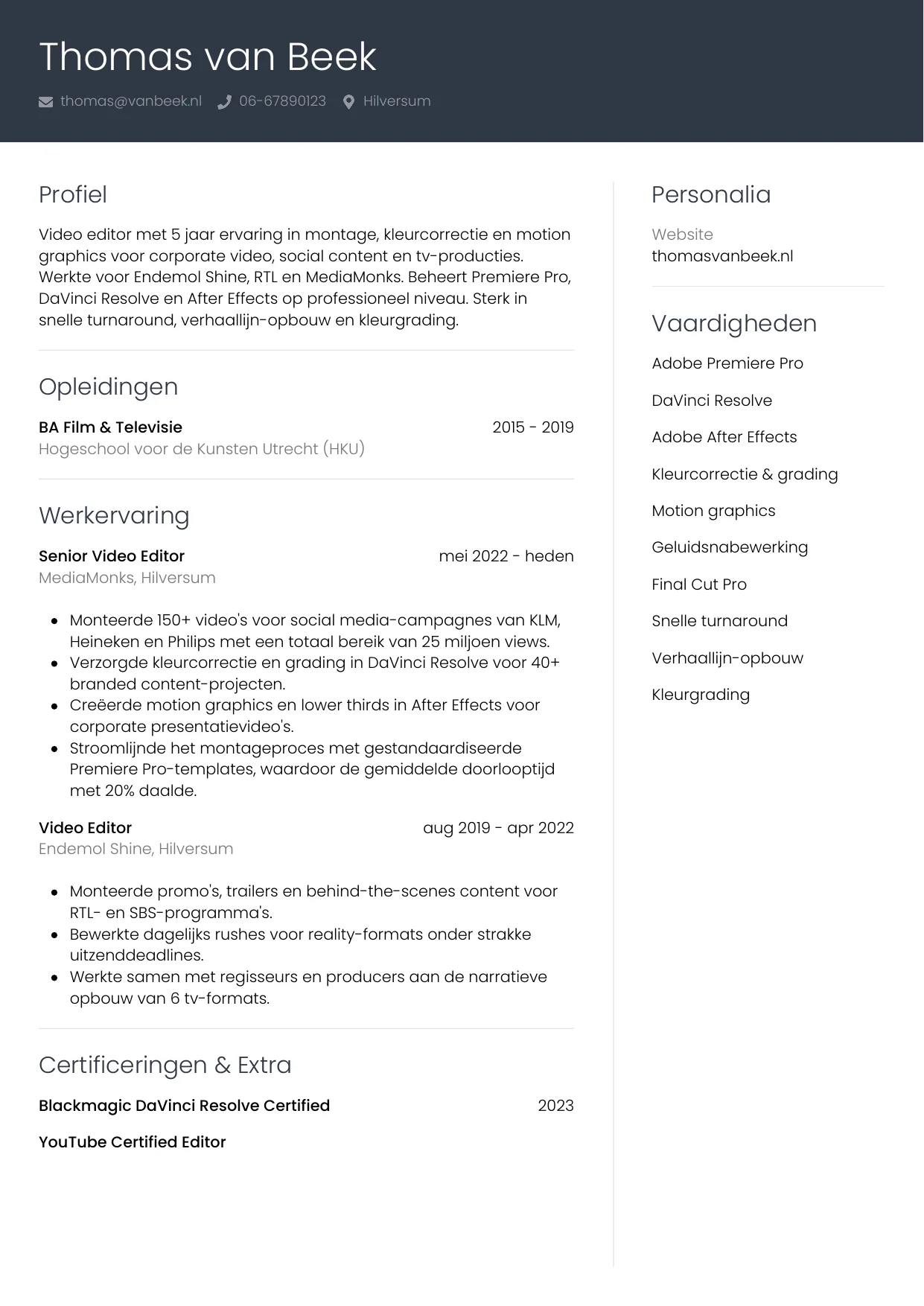 Voorbeeld CV voor video editor in template Professioneel. CV Professioneel voor video editor