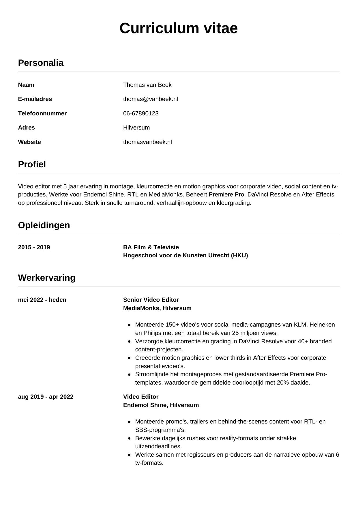 Voorbeeld CV voor video editor in template Simpel. CV Simpel voor video editor