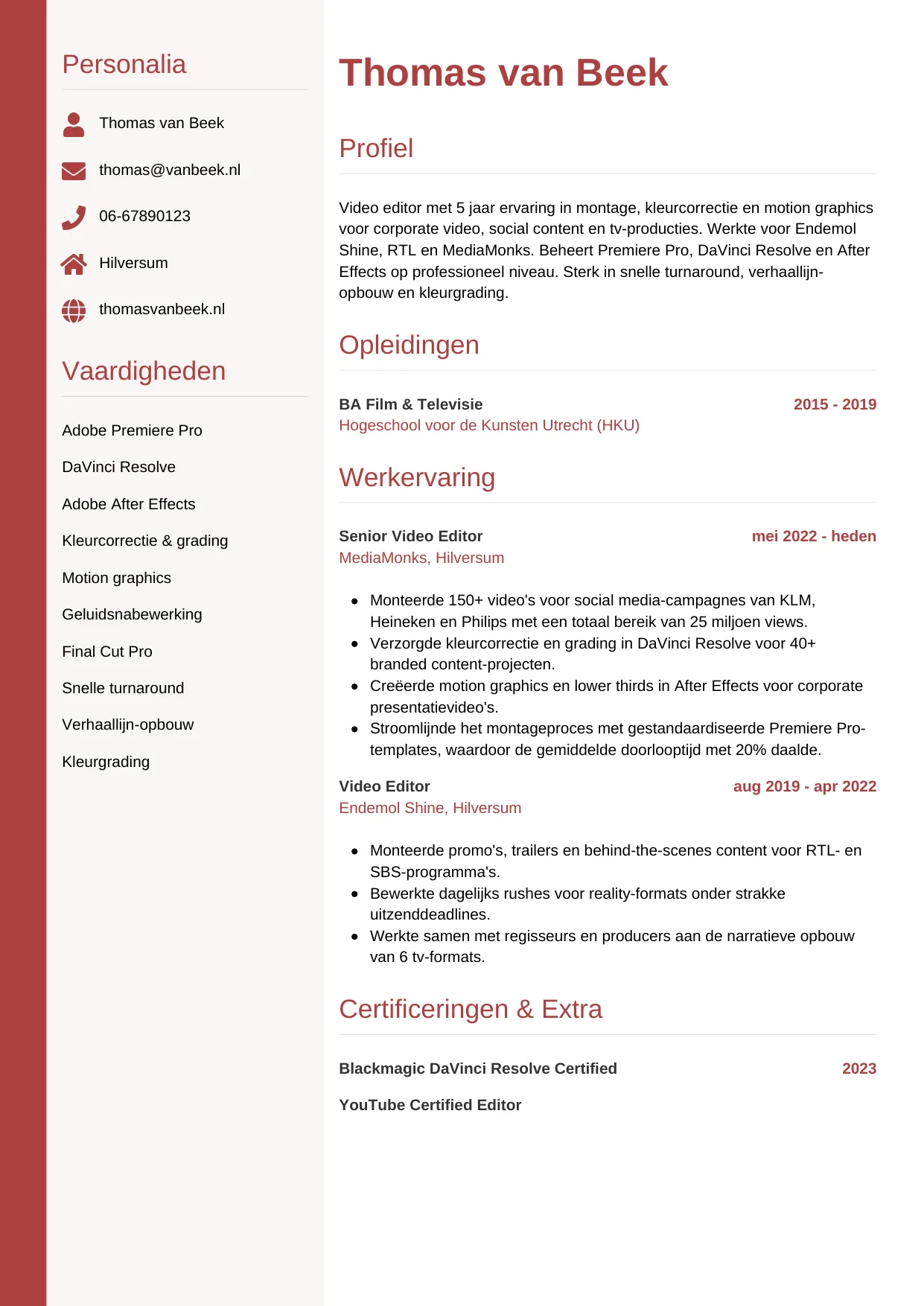 Voorbeeld CV voor video editor in template Verticaal. CV Verticaal voor video editor
