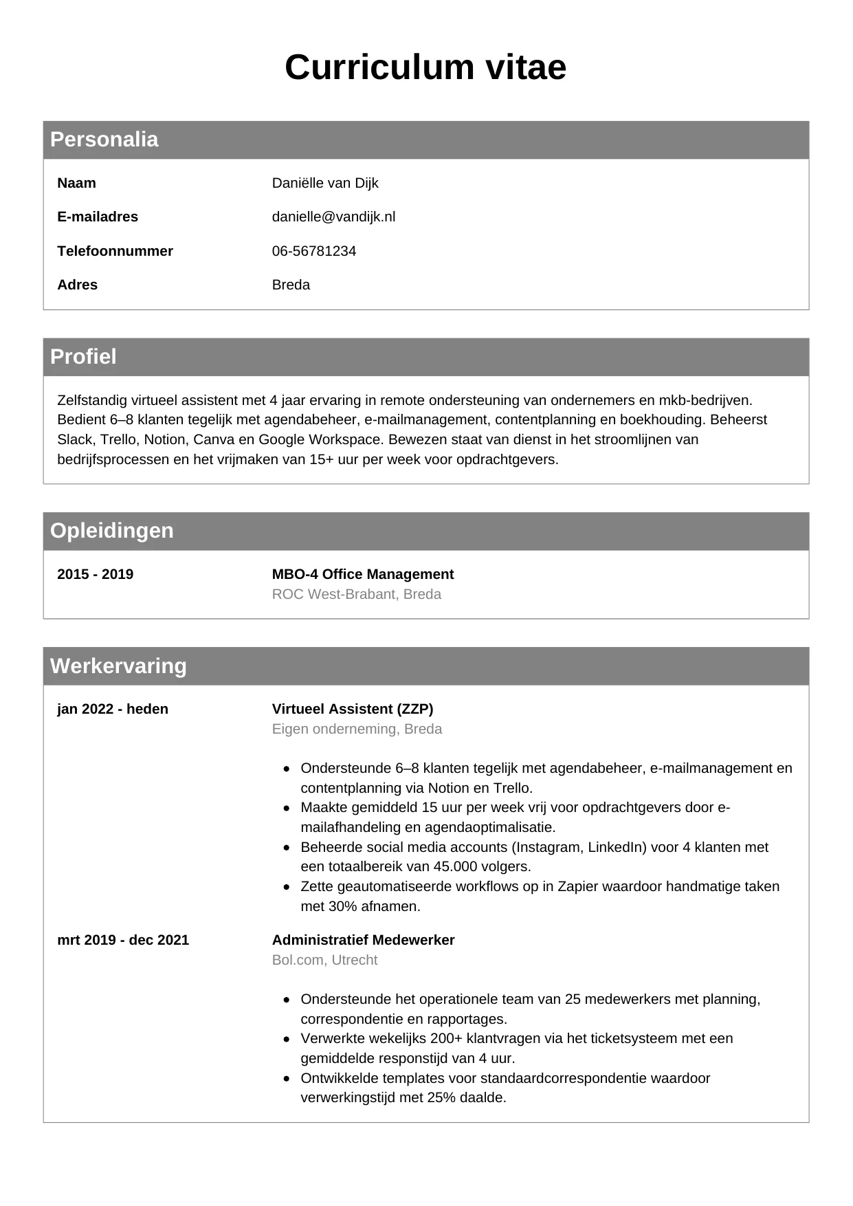 CV Klassiek voor virtueel assistent