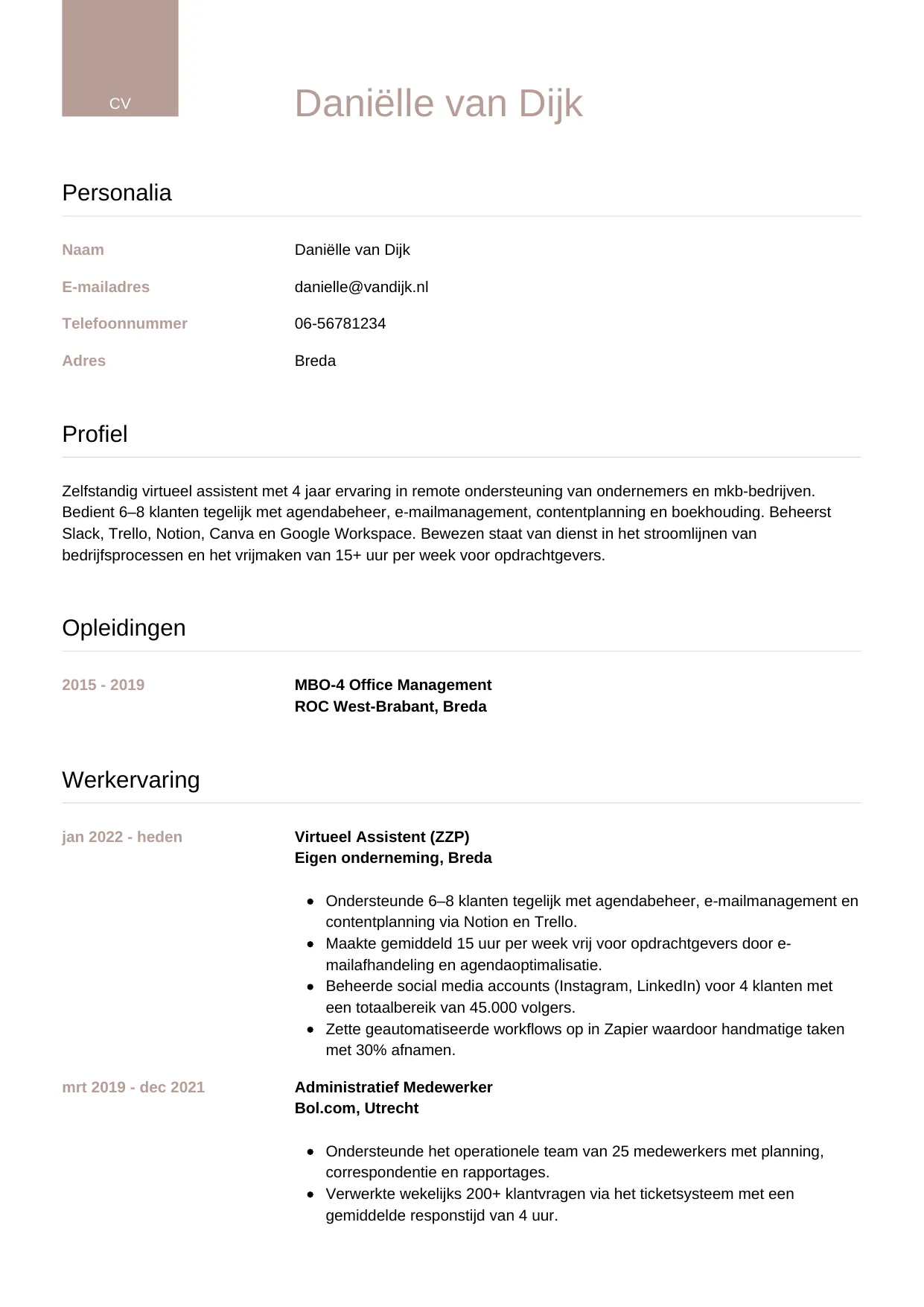 CV Luxe voor virtueel assistent
