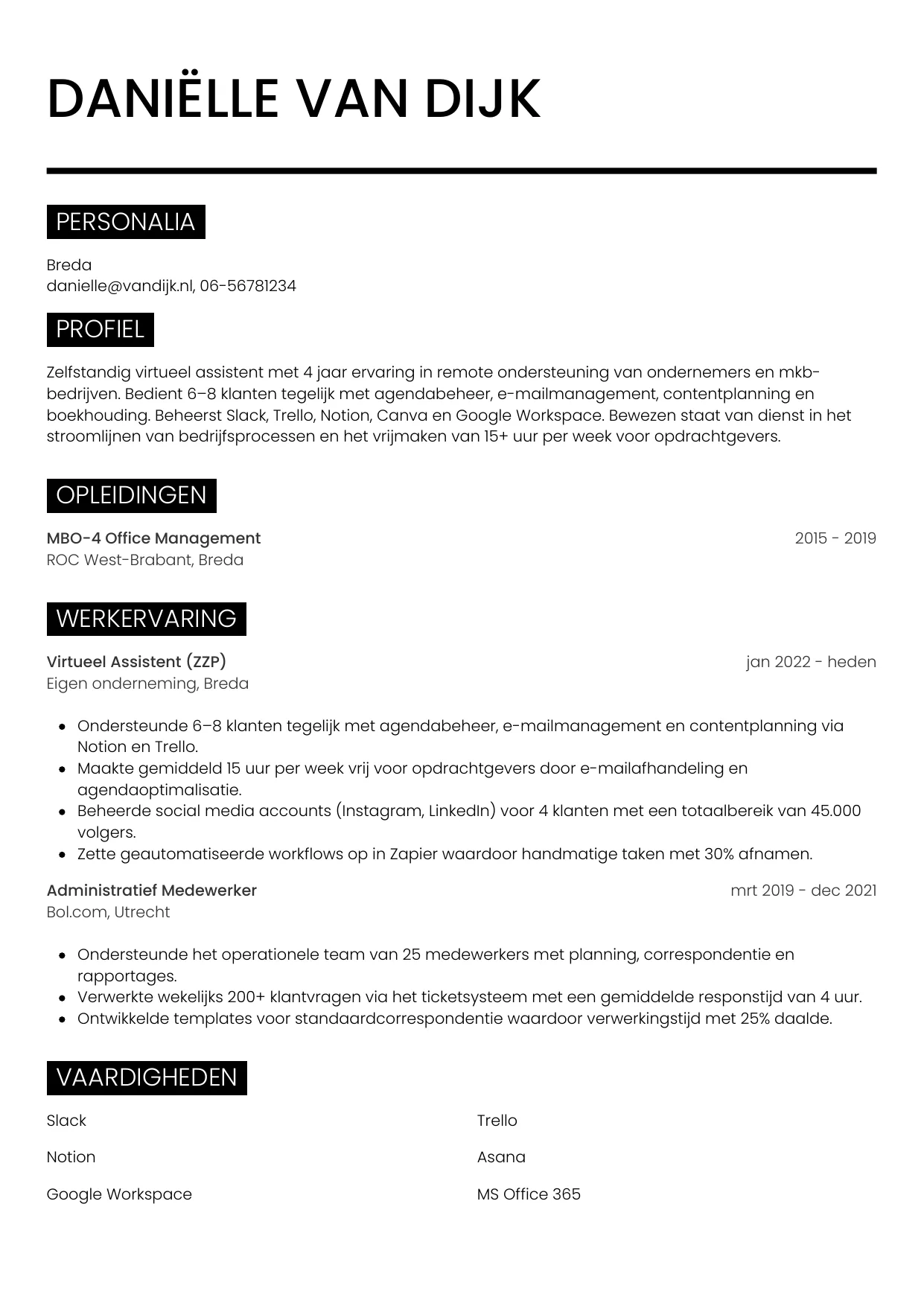 CV Metro voor virtueel assistent