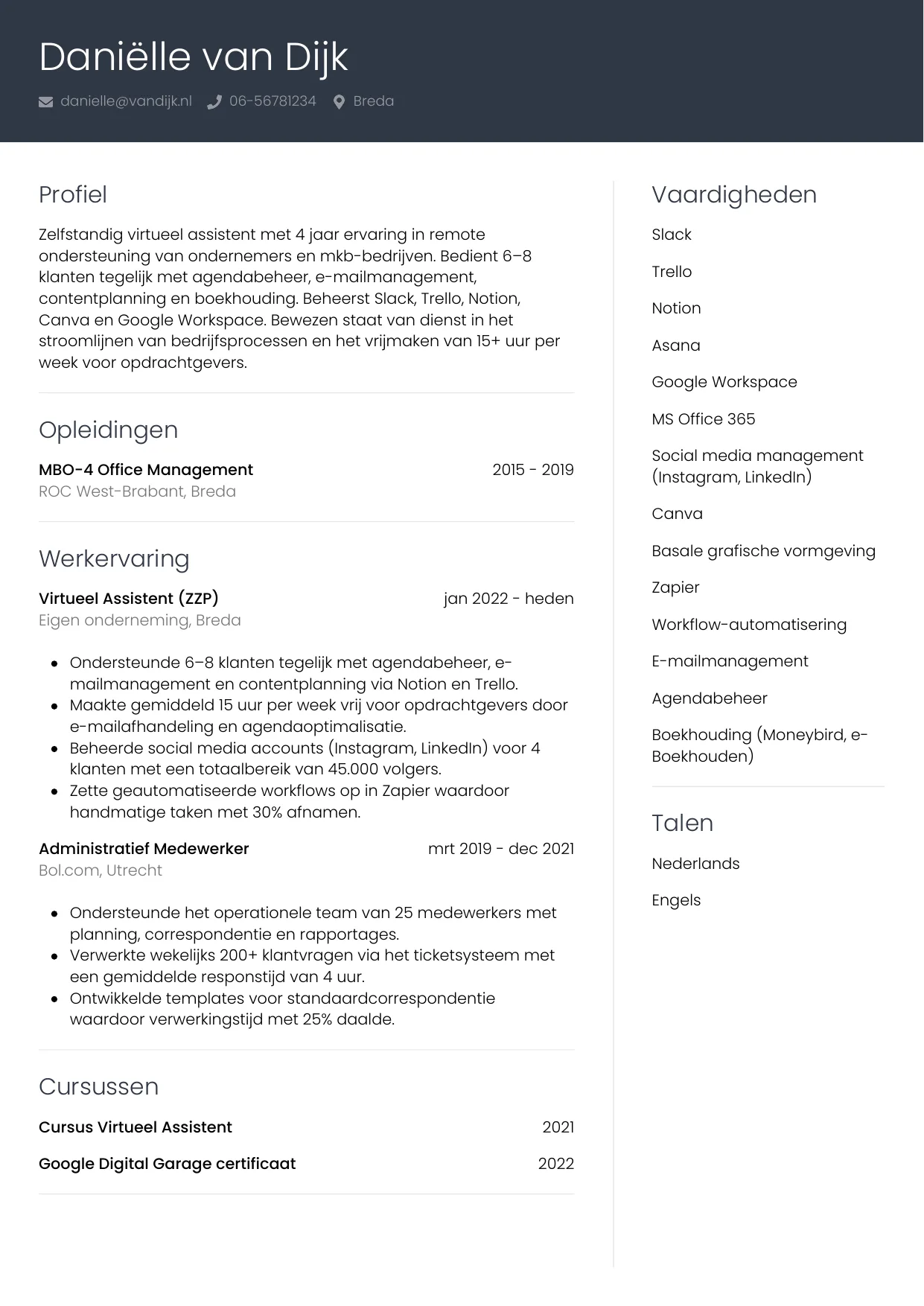 CV Professioneel voor virtueel assistent