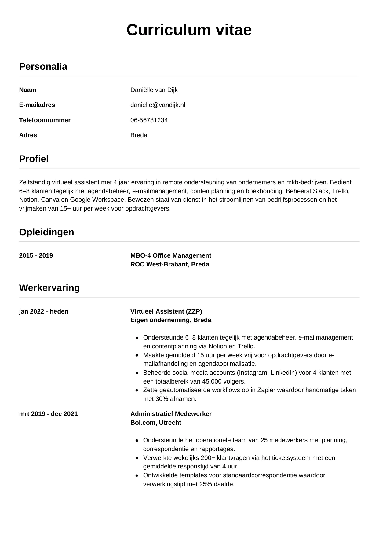 CV Simpel voor virtueel assistent